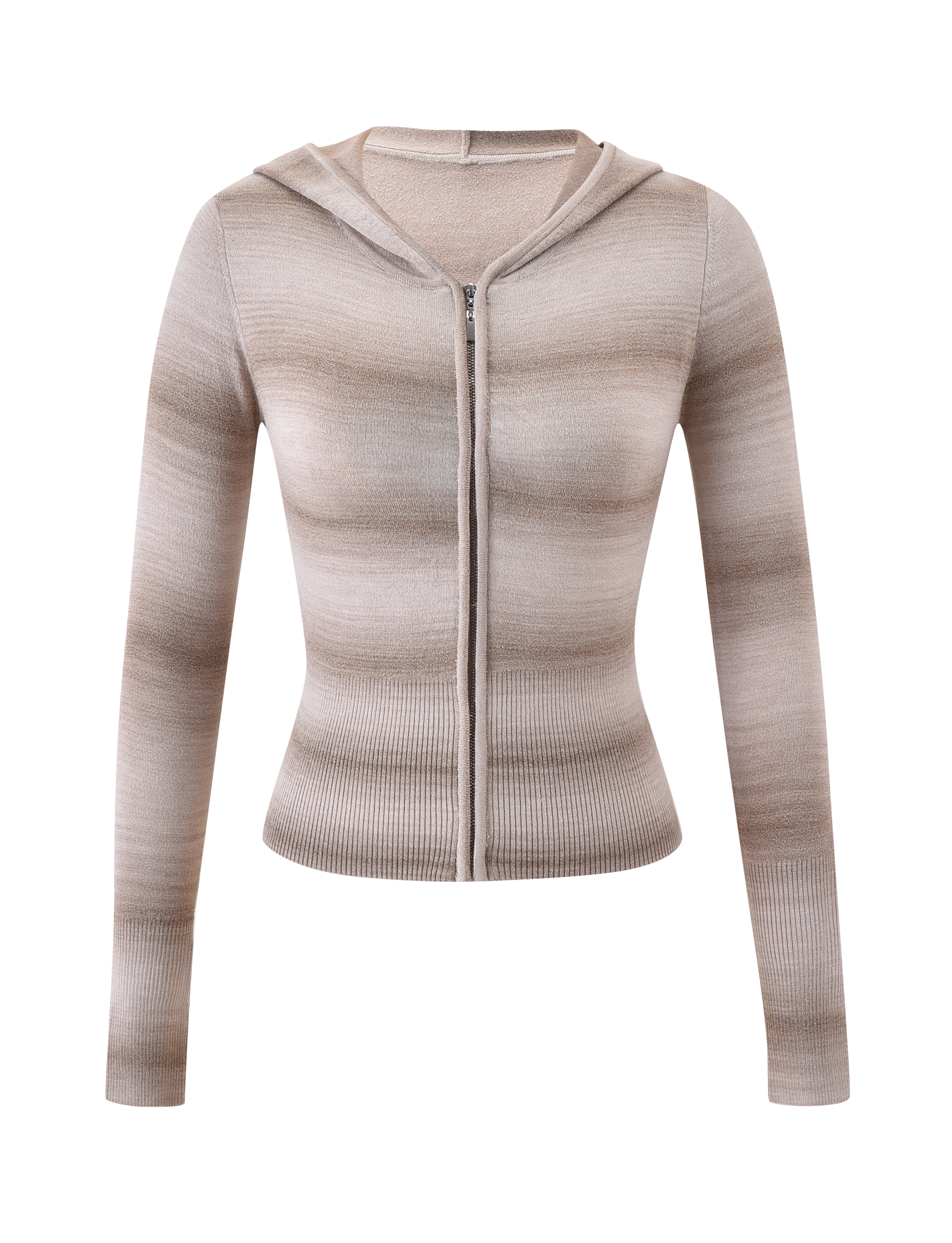 The TIGERMIST MARISSA JUMPER in taupe ombre stripe features a fitted design, long sleeves, ribbed texture, and zip-up hoodie, shown against a plain white background.