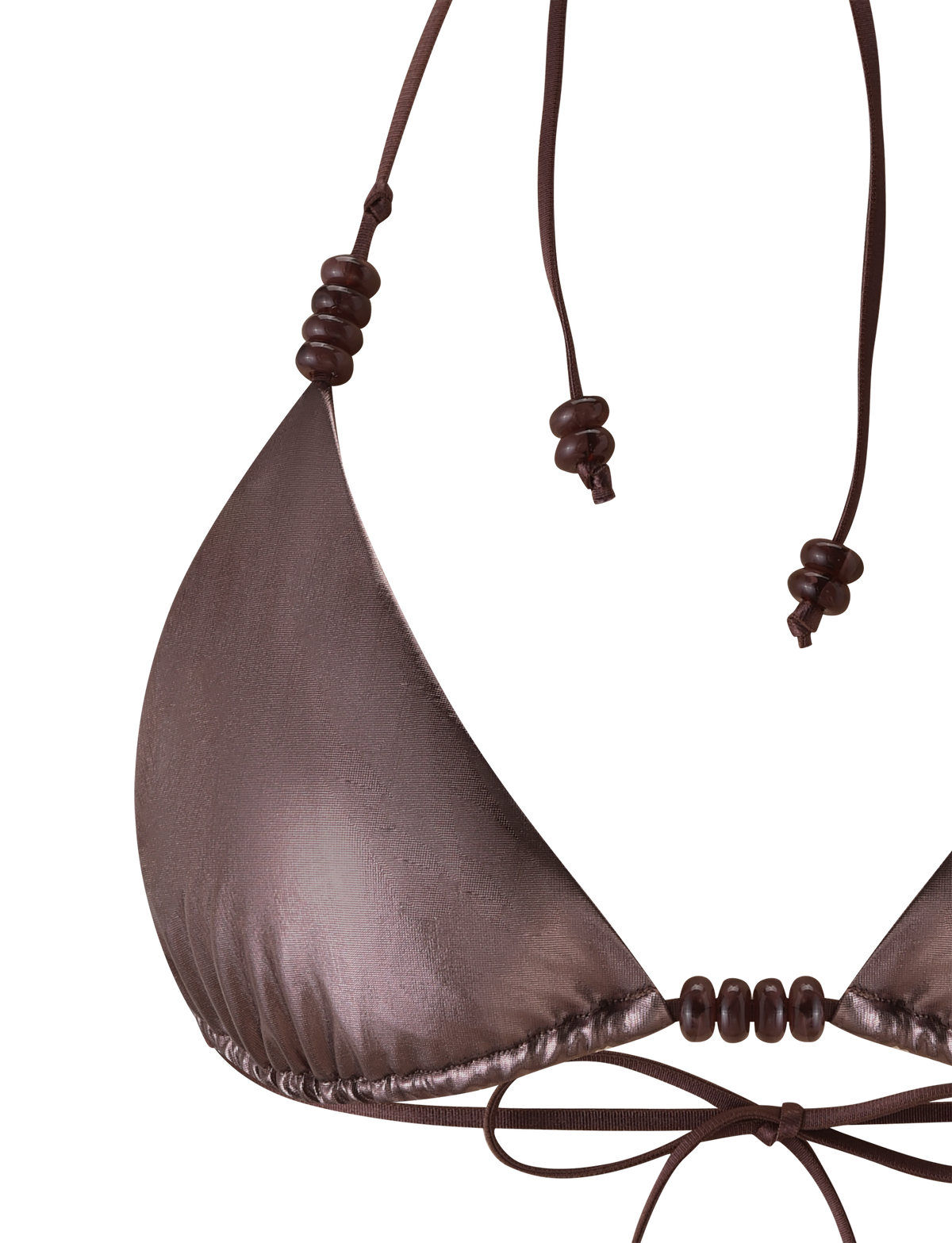 Close-up of the TIGERMIST FINLEA BIKINI TOP - BRONZE, a metallic triangle bikini with thin straps and round bead details on halter and underbust ties, shown on a white background.
