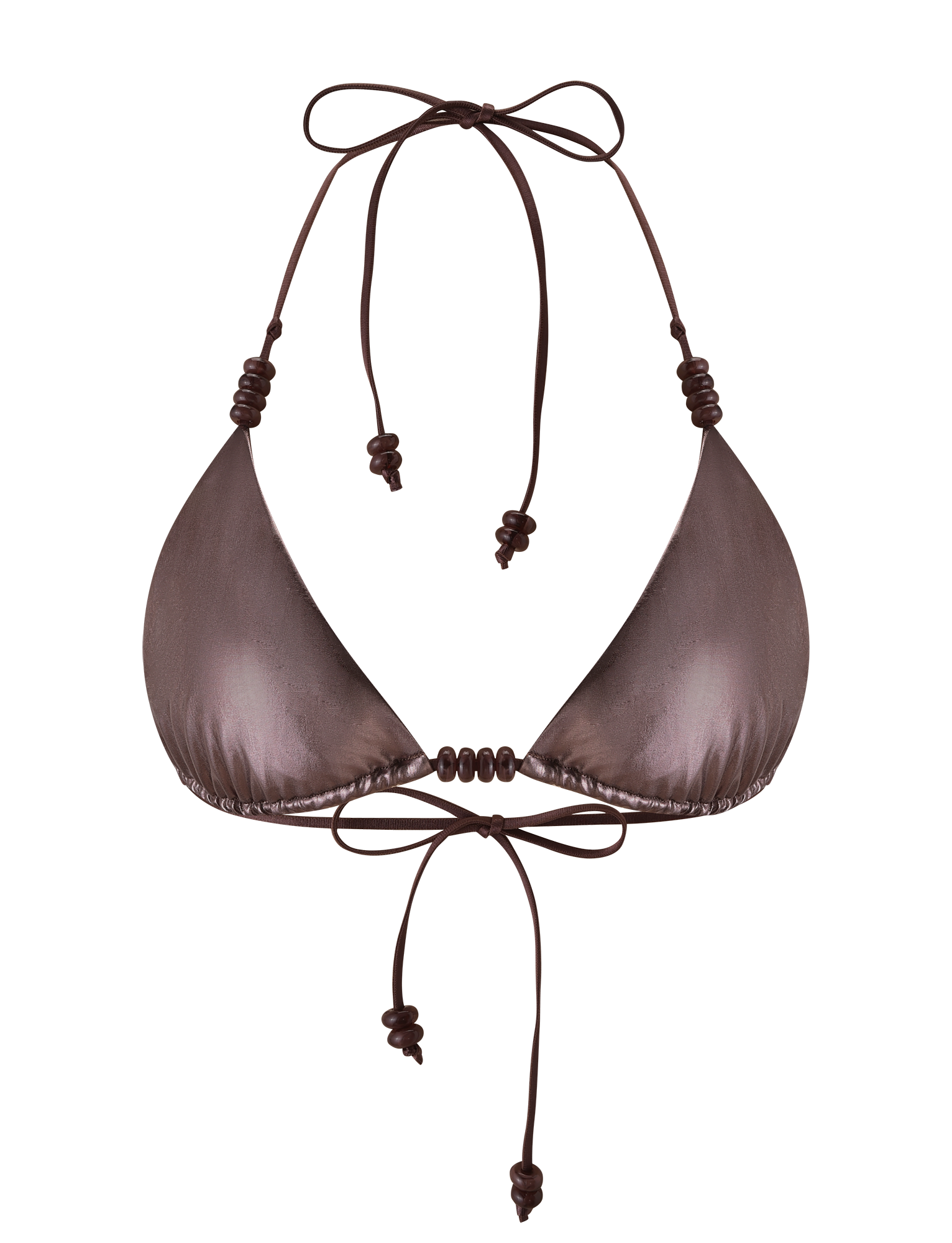 The TIGERMIST FINLEA BIKINI TOP in bronze features metallic triangle cups, adjustable neck and back ties, and small bead details on the strings. Shown against a white background.
