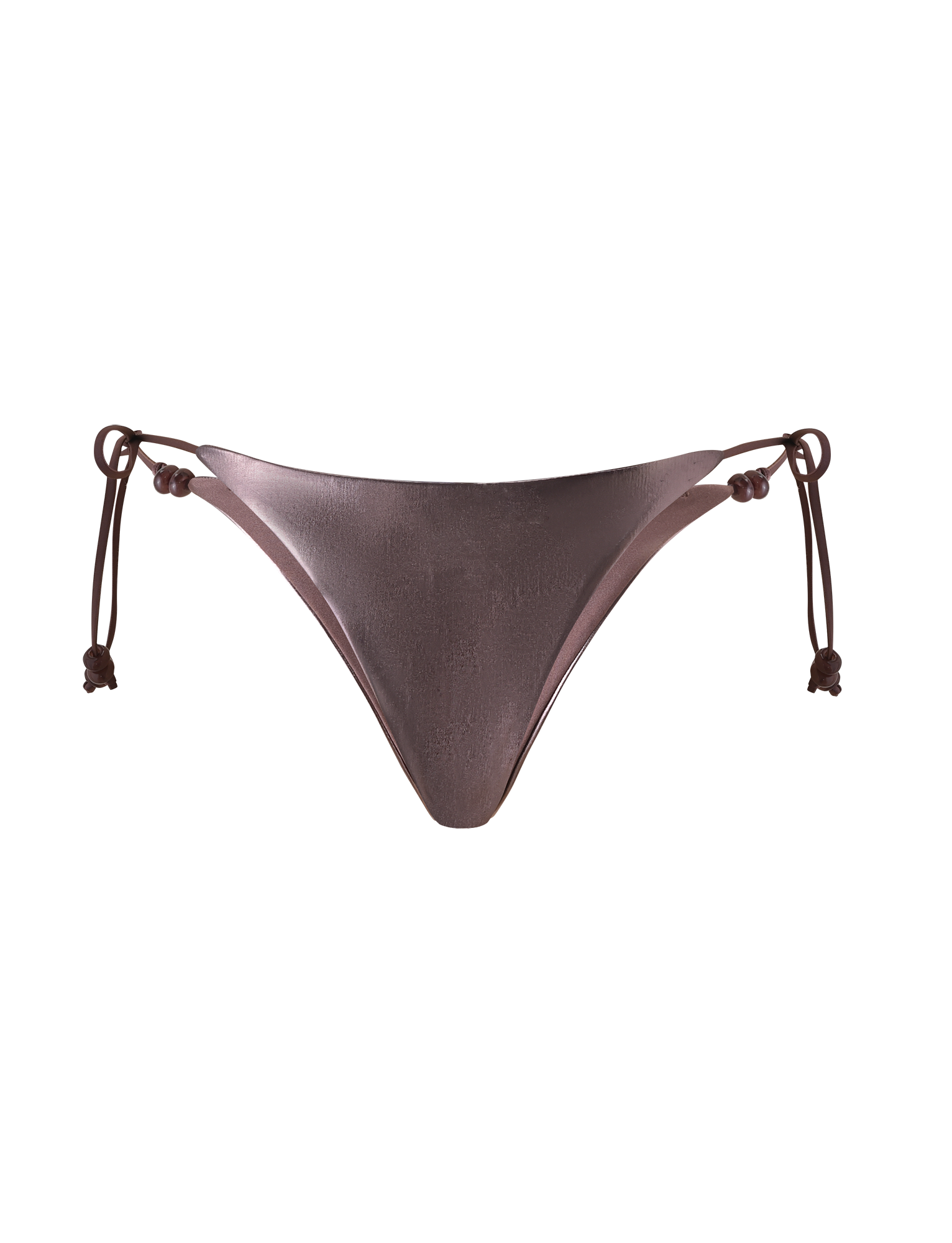 The TIGERMIST FINLEA BIKINI BOTTOM in metallic bronze features adjustable side ties with knots for a cheeky look, shown against a plain white background.