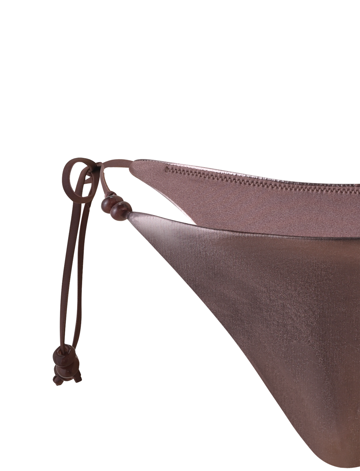 Close-up of the TIGERMIST FINLEA BIKINI BOTTOM in bronze, featuring a cheeky fit with side tie and small wooden beads, set against a plain white background.