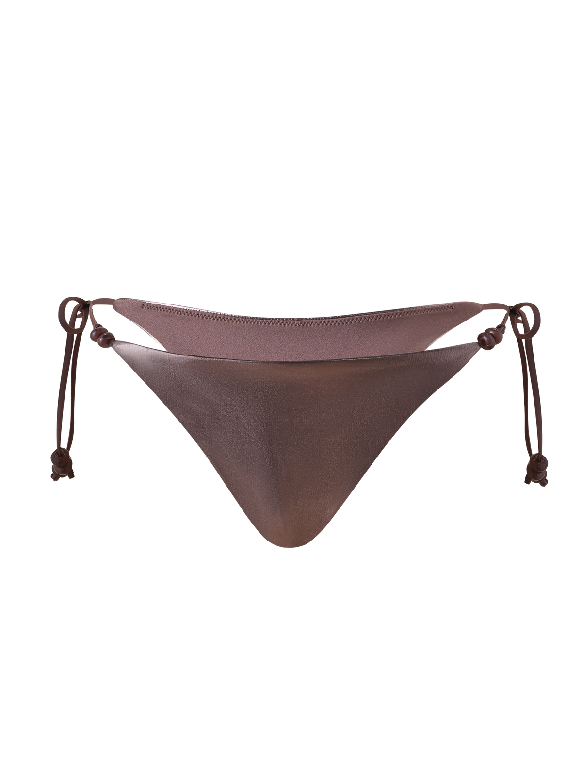 The TIGERMIST FINLEA BIKINI BOTTOM in bronze, featuring a shiny finish, low-rise cut, and adjustable side ties, is displayed against a plain white background.