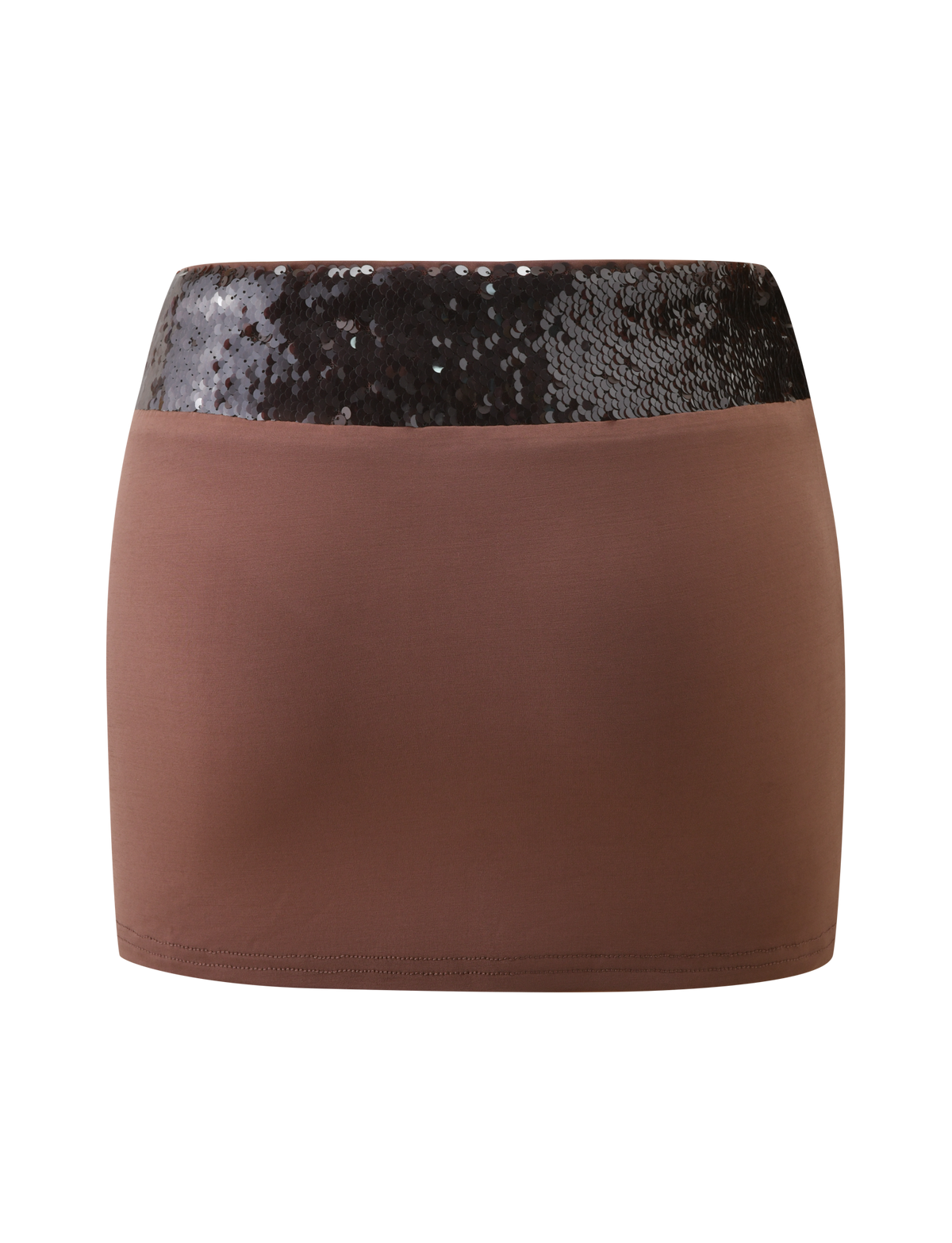 The TIGERMIST THARA MINI SKIRT in chocolate features a fitted, smooth, and stretchy design with a wide sequin waistband. Shown against a plain white background.