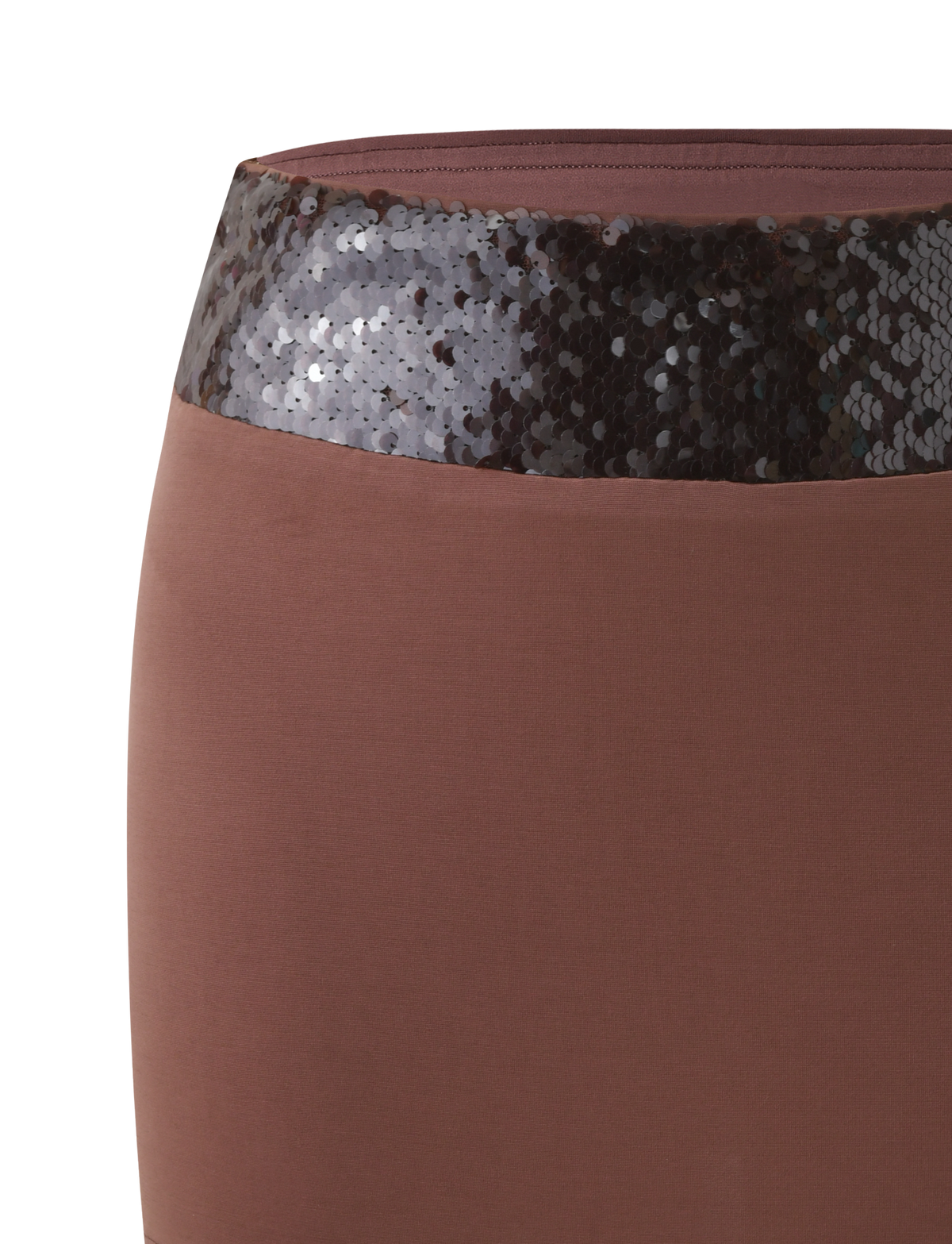 Close-up of TIGERMIST's THARA MINI SKIRT in chocolate, showcasing a wide, glossy sequin waistband contrasting with the smooth, matte fabric.