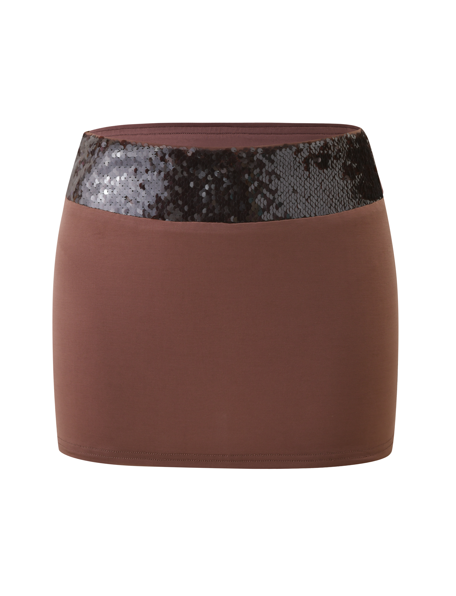 The TIGERMIST THARA MINI SKIRT - CHOCOLATE is a brown mini skirt with a standout sequin waistband, shown on a plain white background.