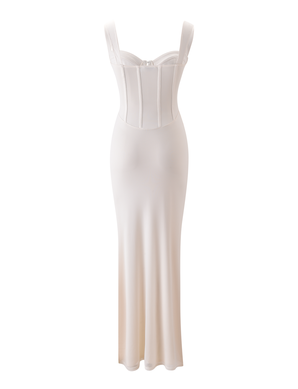 The TIGERMIST GINNY MAXI DRESS in off white features a sleeveless, corseted design with ruched bust cups, structured bodice, and draped mesh details flowing into a long skirt, shown against a plain white background.