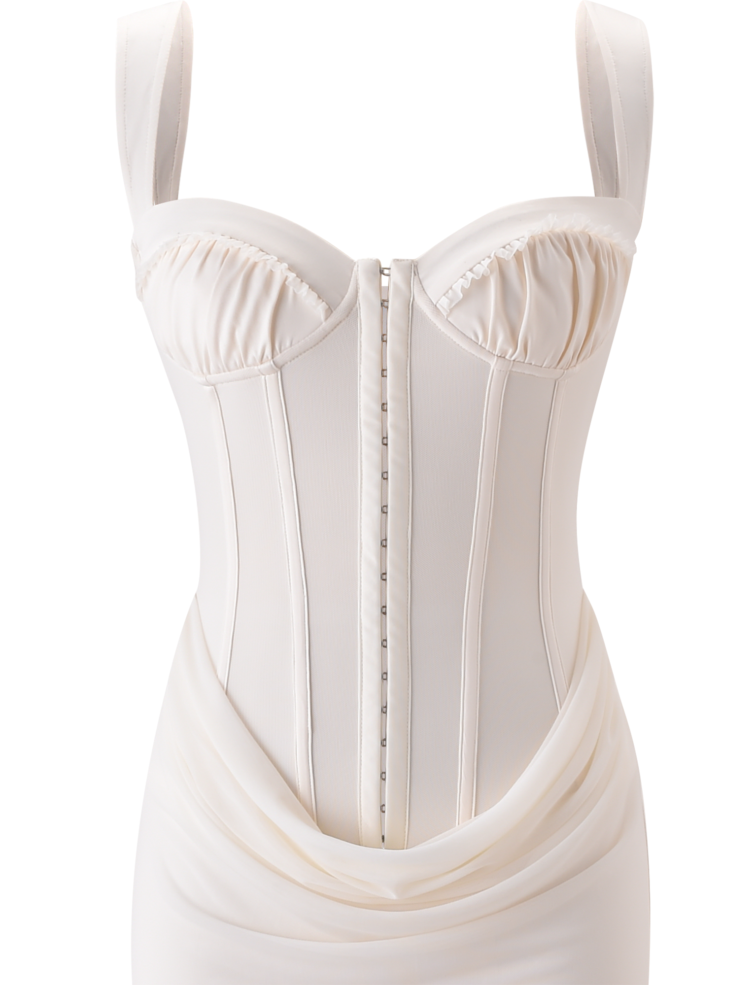 The TIGERMIST GINNY MAXI DRESS in off white features a corseted design with structured boning, ruched bust cups, wide straps, front hook-and-eye closures, and draped mesh detail at the waist.