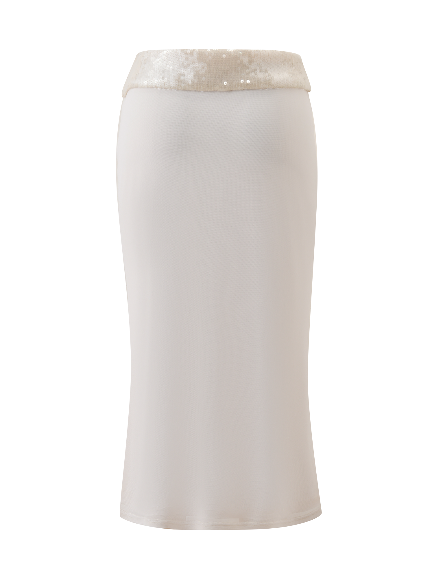 The TIGERMIST CHARLYZE MIDI SKIRT in cream is a body-hugging, knee-length skirt featuring a shiny sequin waistband, shown against a plain white background.