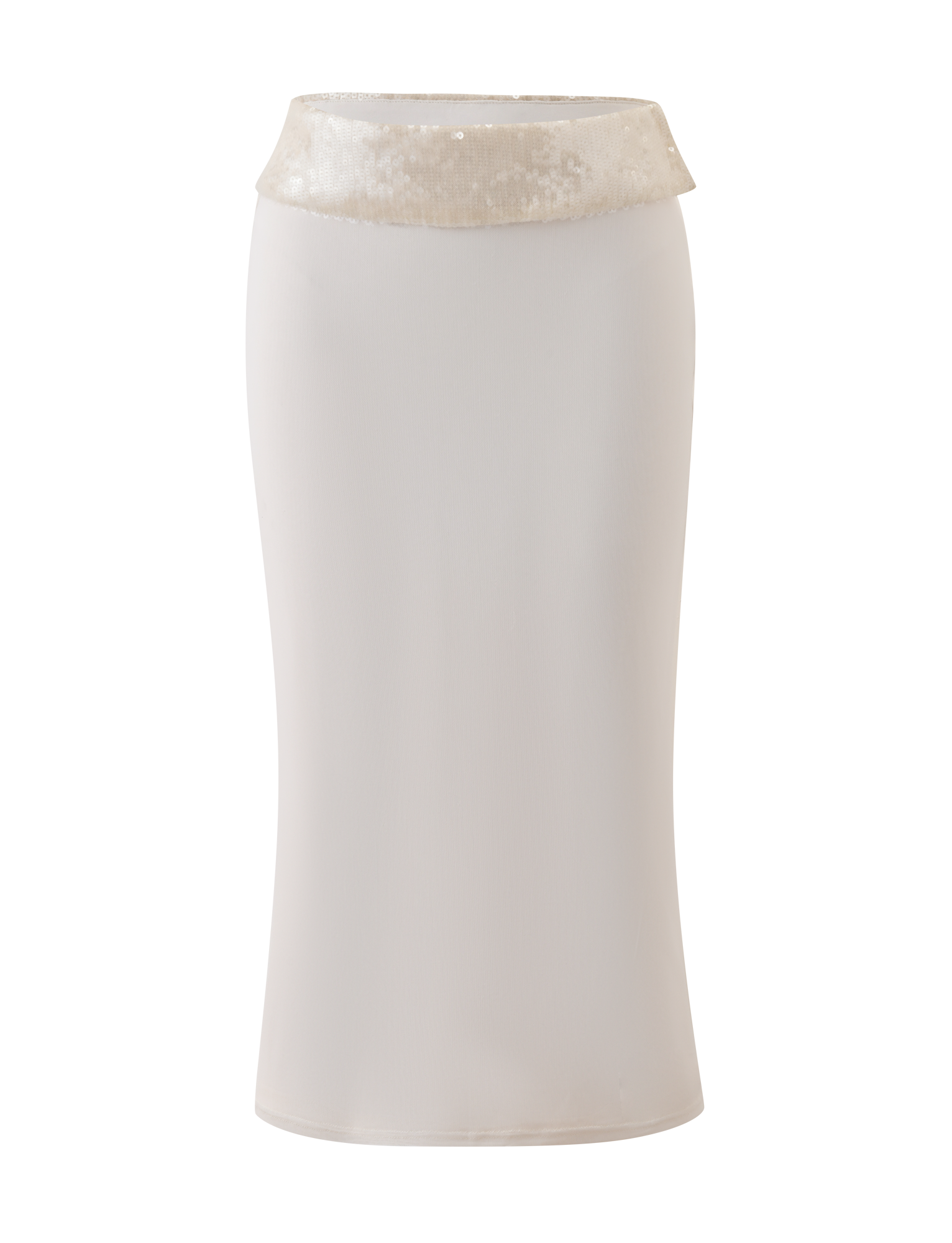 The TIGERMIST CHARLYZE Midi Skirt in cream features a body-hugging fit and a shiny sequin waistband, shown against a plain white background.