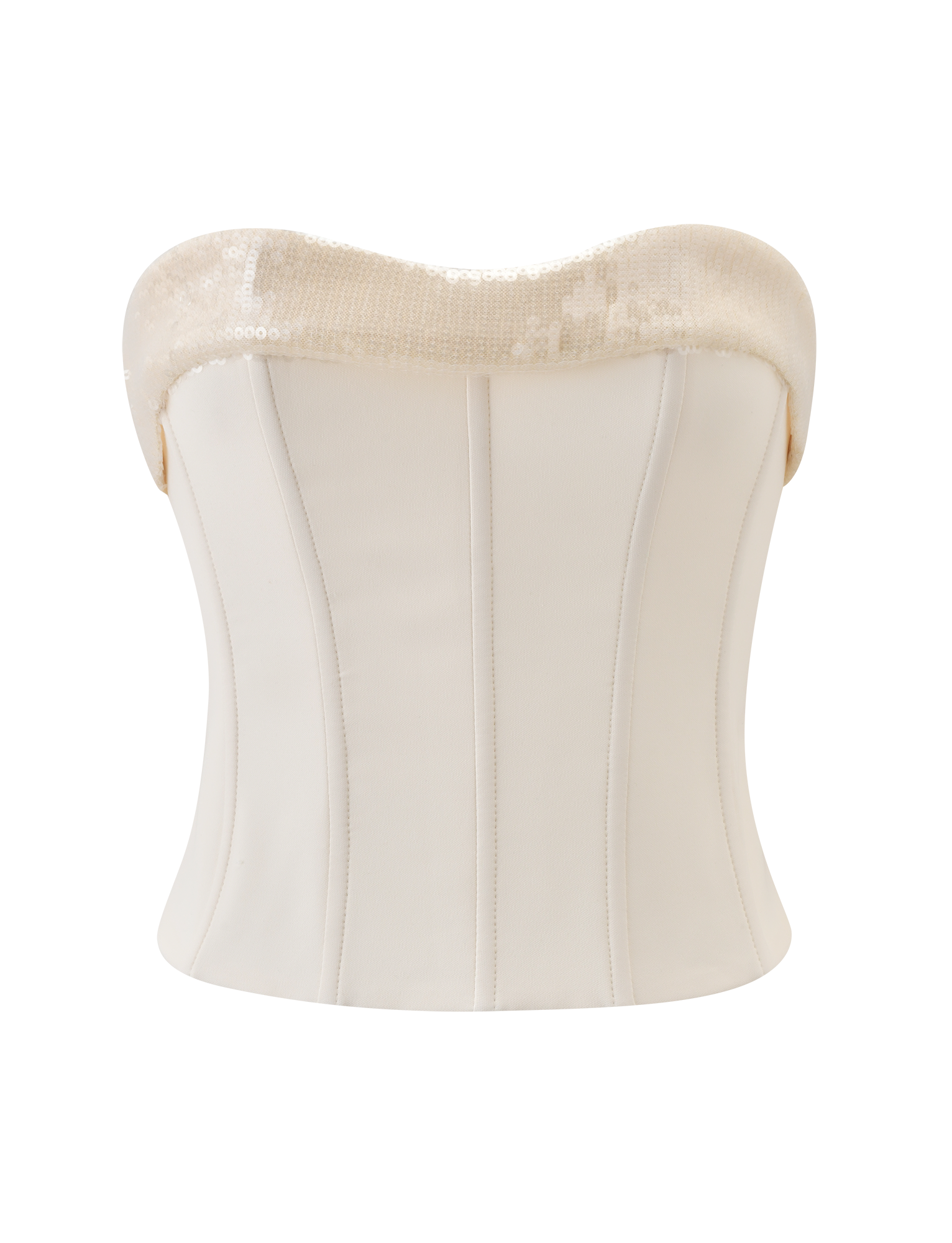 The TIGERMIST CHARLYZE BUSTIER in cream is a strapless, off-white corset top featuring vertical seams and a shimmering sequin panel at the sweetheart neckline, shown against a plain white background.