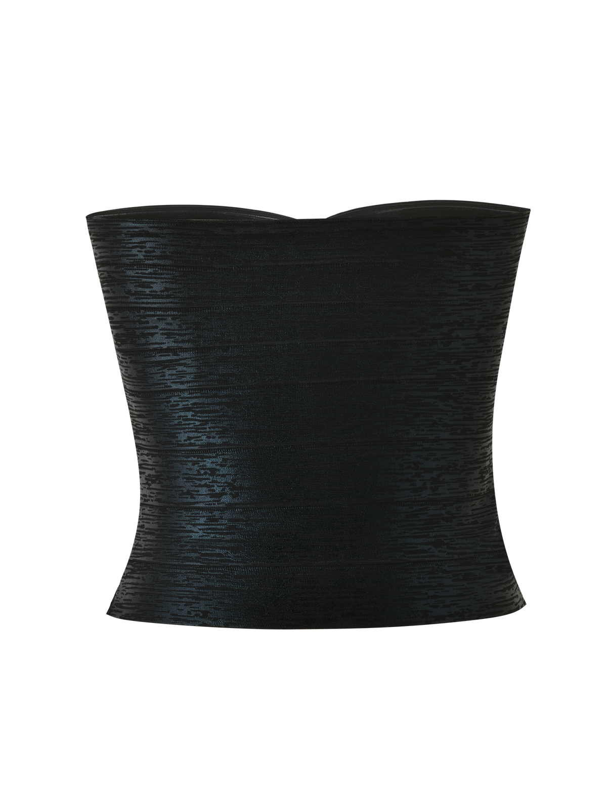 The TIGERMIST NIYA METALLIC BANDAGE TOP in black is a strapless corset-style top with a subtle sheen and textured finish, shown against a plain white background.