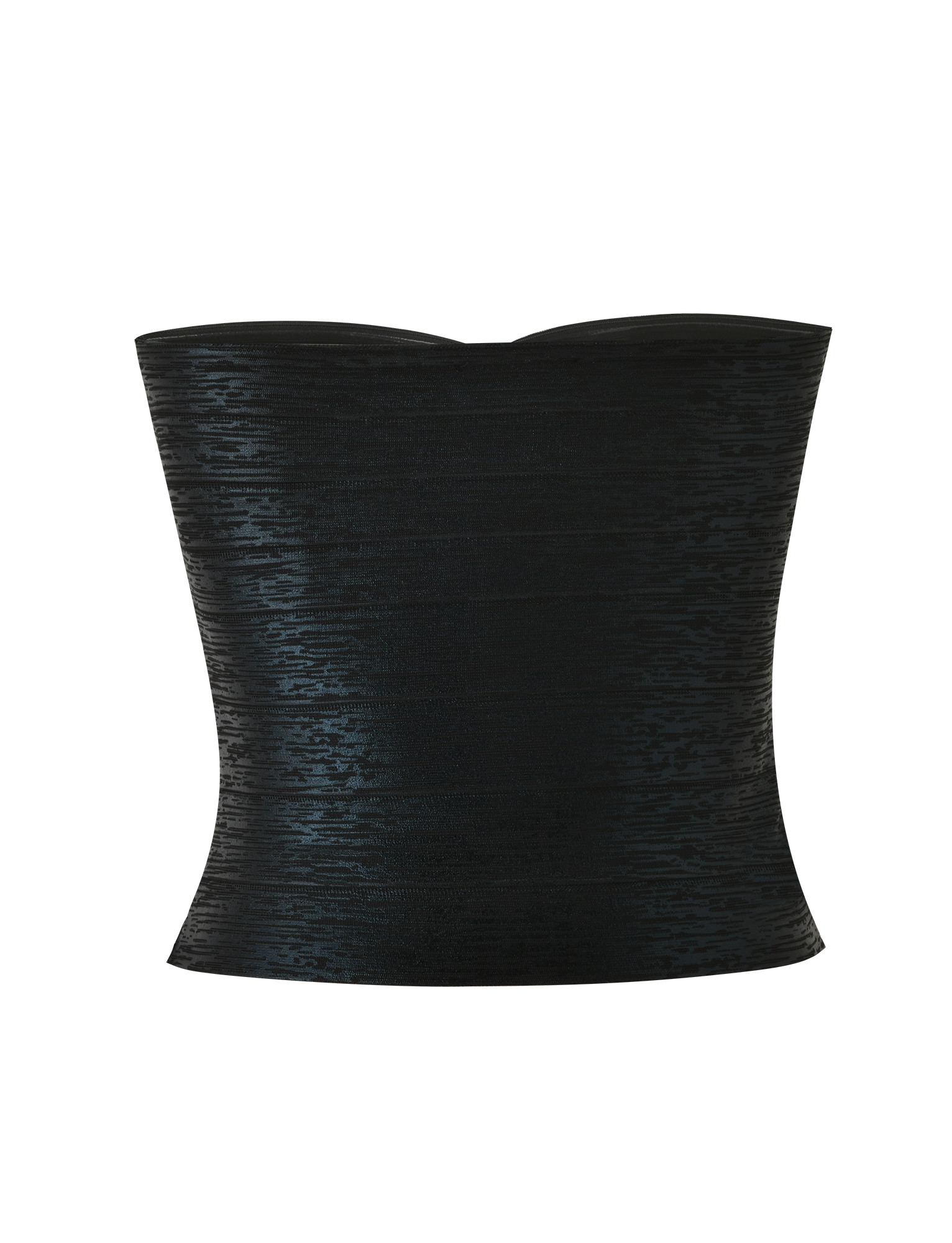 The TIGERMIST NIYA METALLIC BANDAGE TOP in black is a strapless corset-style top with a subtle sheen and textured finish, shown against a plain white background.