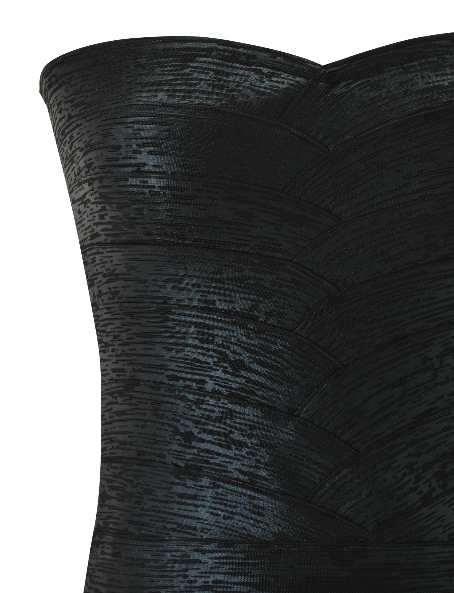 Close-up of the NIYA METALLIC BANDAGE TOP by TIGERMIST, a strapless, metallic black piece with a corset top and textured pattern featuring horizontal lines and overlapping scale-like designs on the right side.