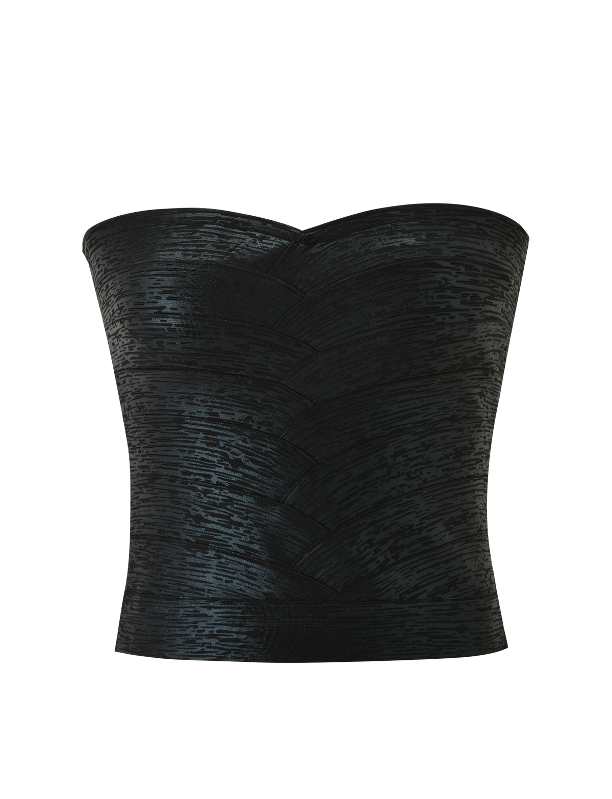 The TIGERMIST NIYA METALLIC BANDAGE TOP in black features a strapless design with a subtle chevron pattern and slight sheen, shown against a plain white background.
