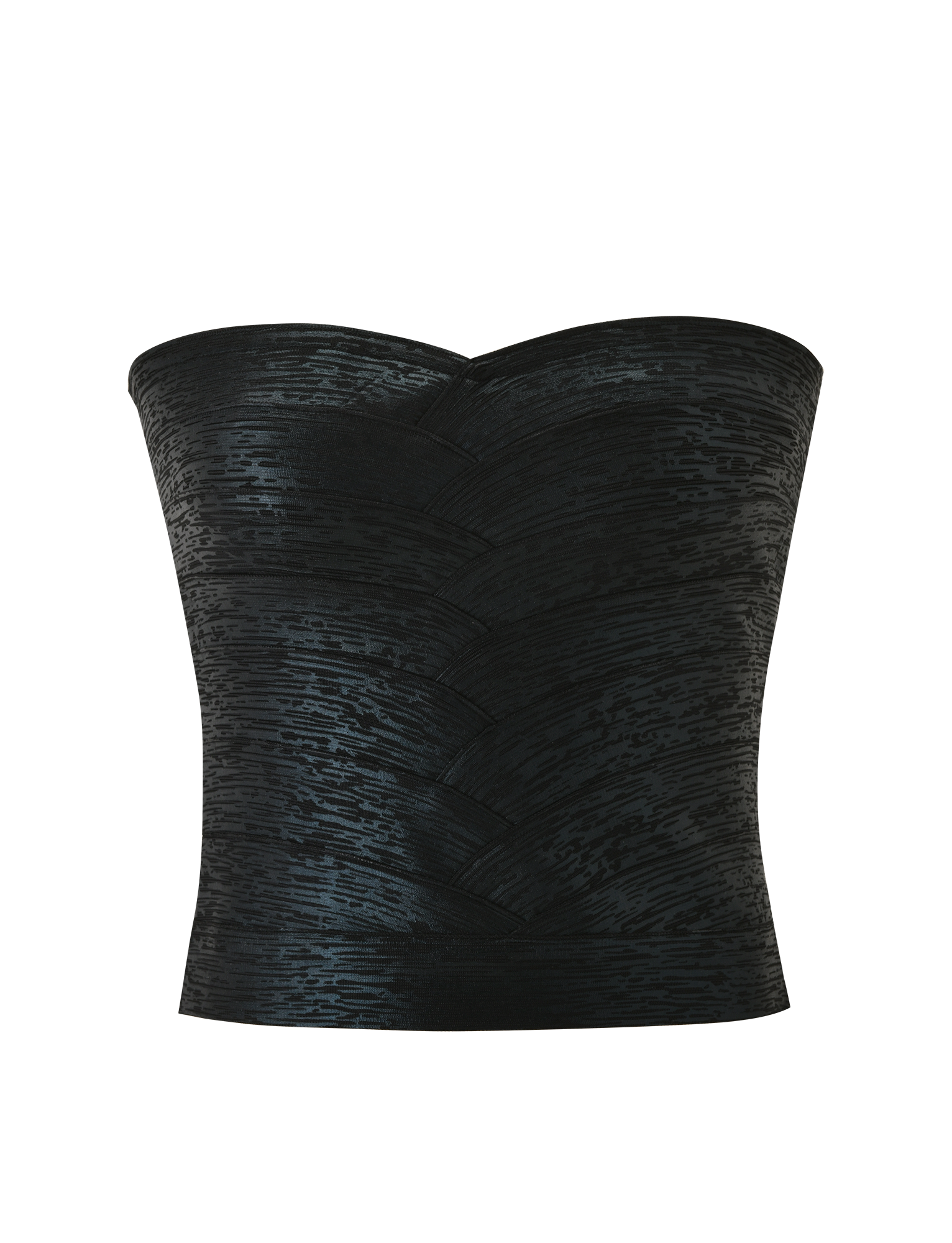 The TIGERMIST NIYA METALLIC BANDAGE TOP in black features a strapless design with a subtle chevron pattern and slight sheen, shown against a plain white background.