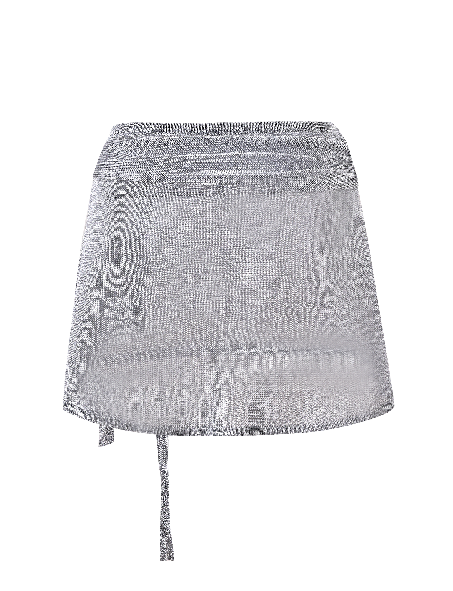 The TIGERMIST ISATANA MINI SKIRT in silver features a metallic knit fabric, wrap design, and side tie detail, shown against a plain white background.