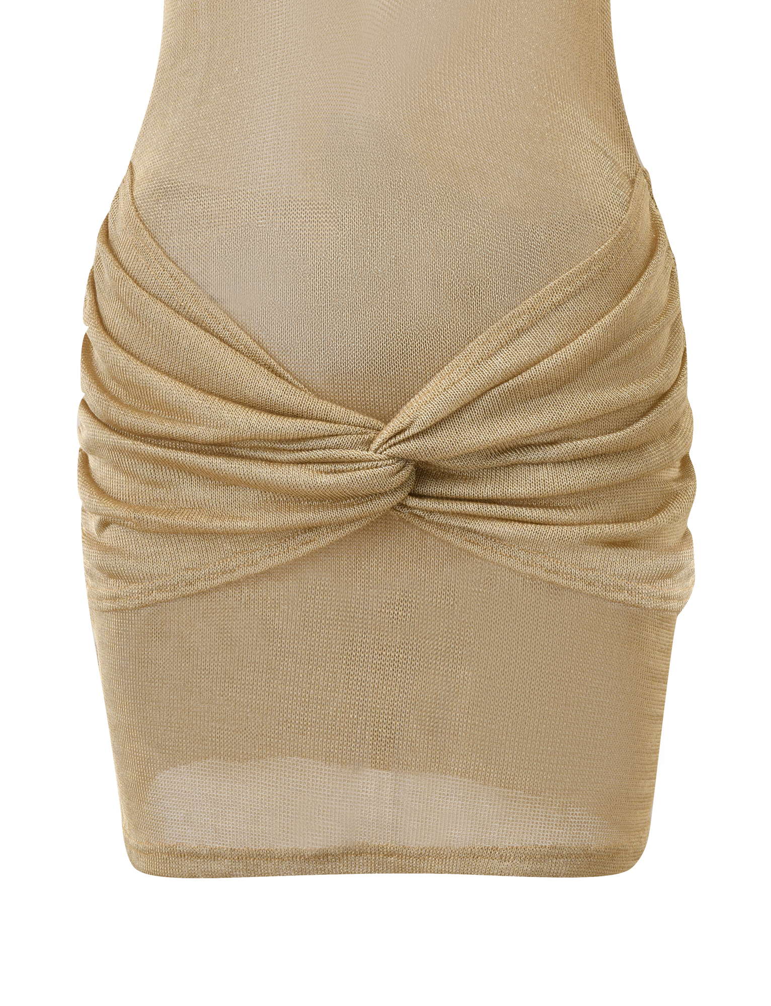Close-up of the TIGERMIST ZOSIA MINI DRESS in gold, a tan semi-sheer piece featuring ruched sides and a twisted drop waist with a front knot detail.