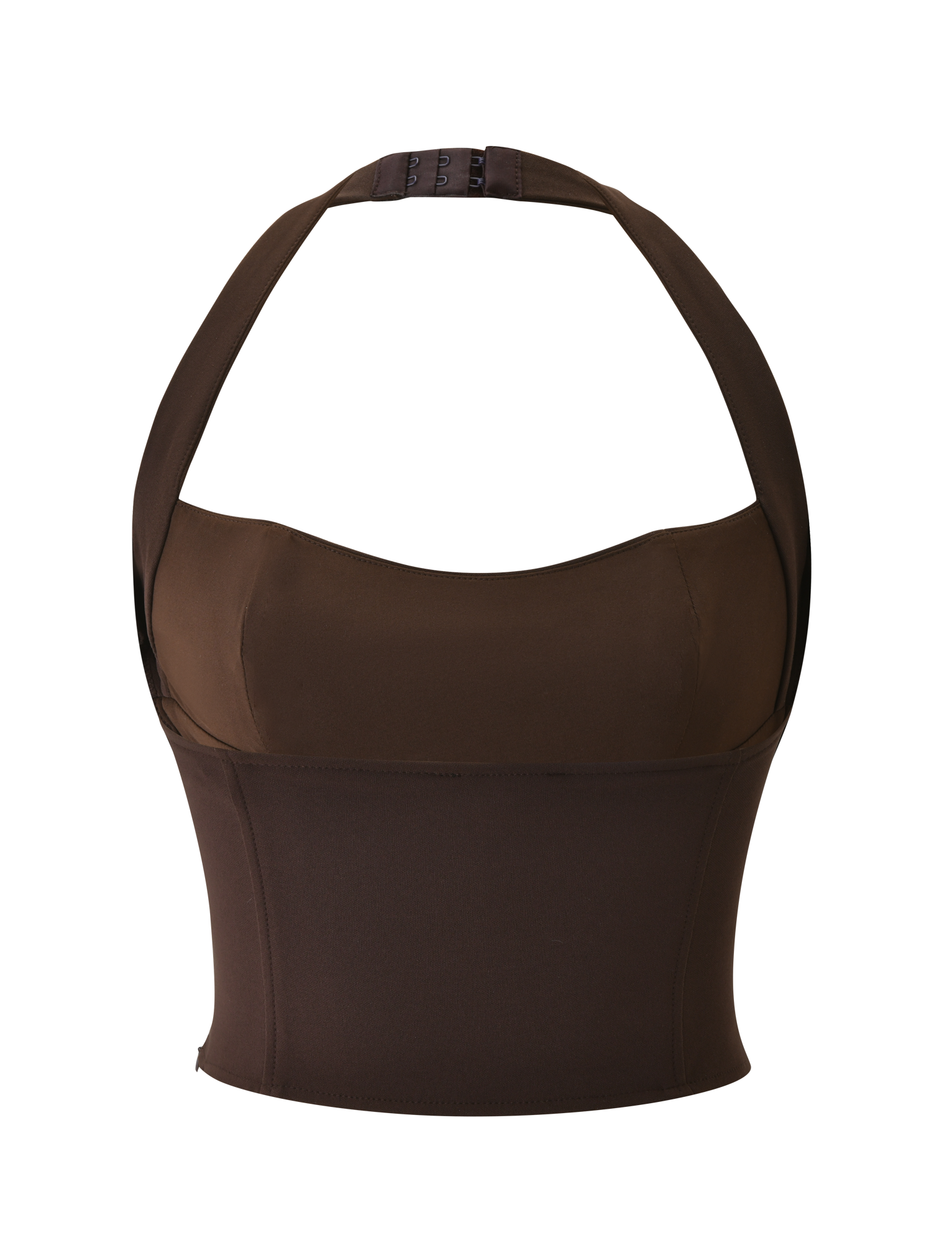 The TIGERMIST KITTIE BUCKLE TOP - CHOCOLATE is a dark brown, fitted halter crop top with a structured bodice, buckle and hook closures at the neck, and a chic backless design, shown on a plain white background.