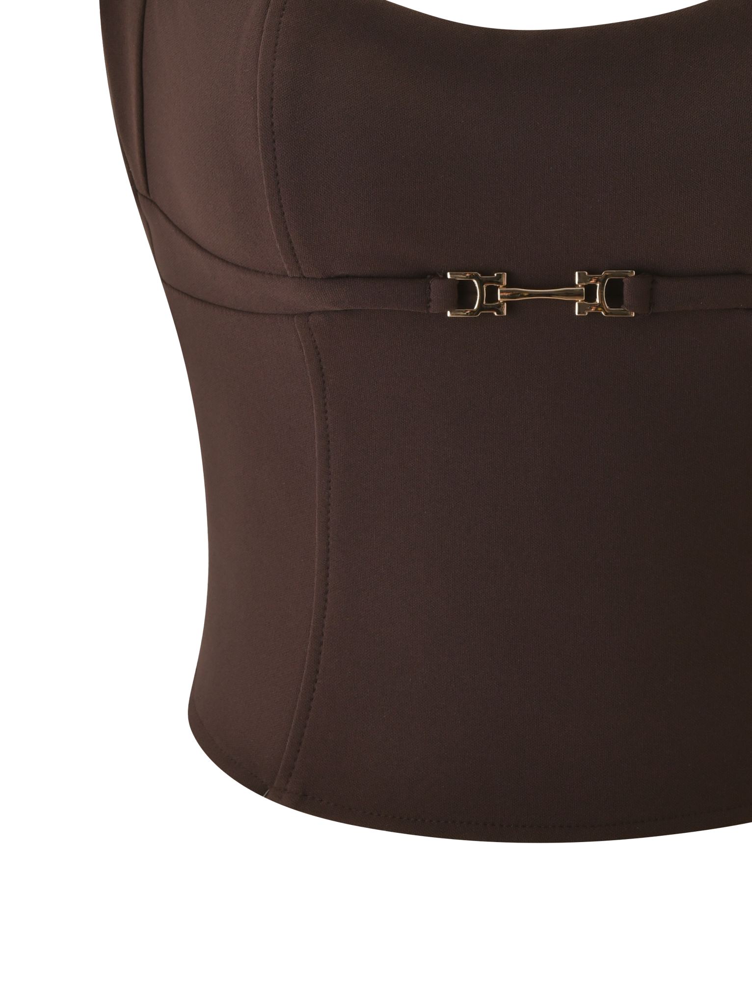 Close-up of the TIGERMIST KITTIE BUCKLE TOP - CHOCOLATE, a fitted brown halter neck design with a gold buckle detail and visible seams, shown against a plain white background.