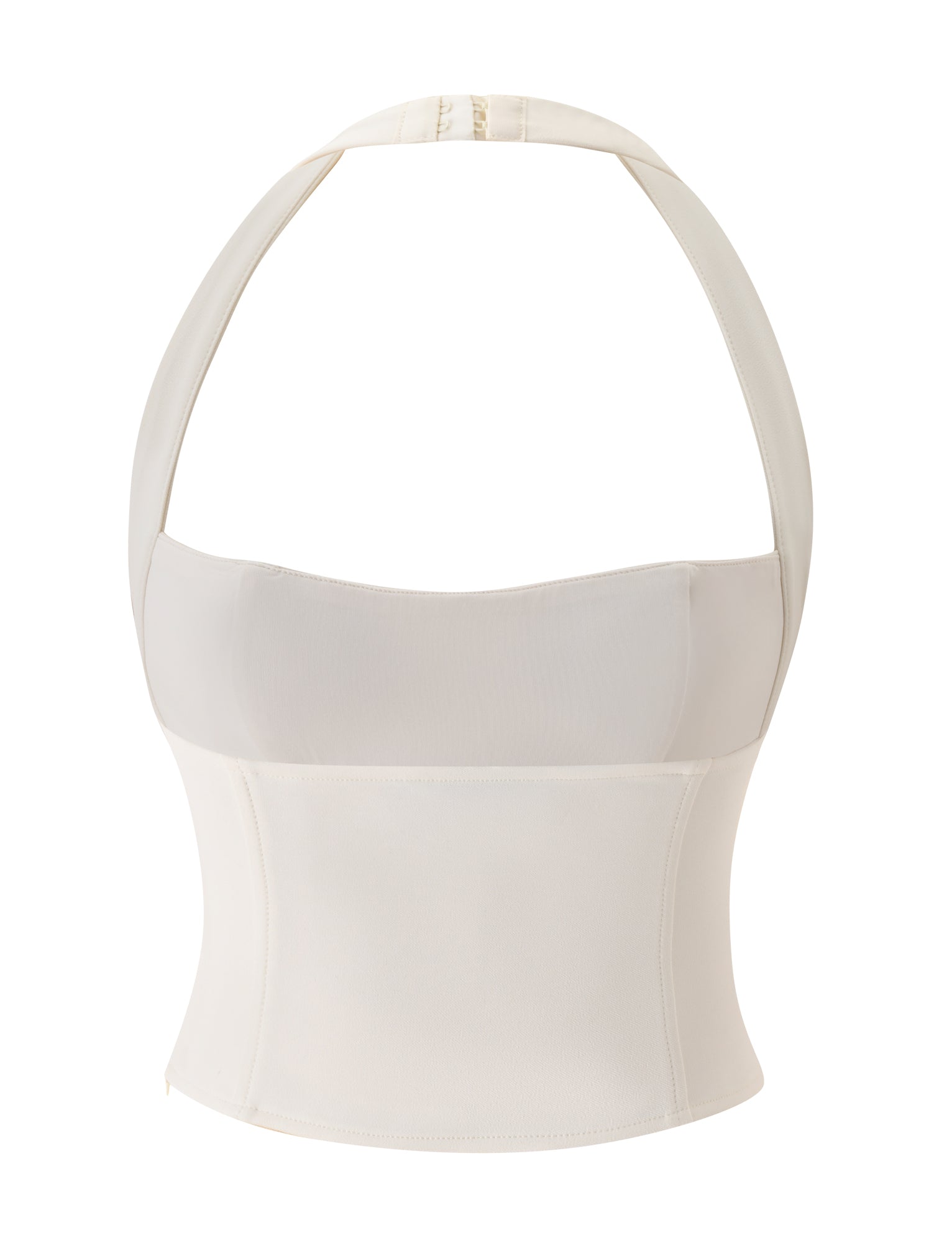 The KITTIE BUCKLE TOP - CREAM by TIGERMIST is a white, sleeveless, backless halter top with wide straps and structured paneling, displayed against a plain white background—a chic choice perfect as a bridal shower top.