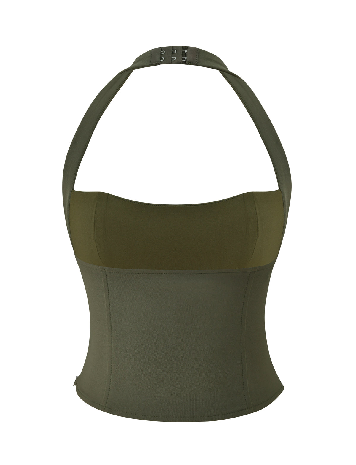 Olive green KITTIE BUCKLE TOP - OLIVE featuring a bodycon fit, corset-style halter design, and a hook-and-eye closure at the neck.