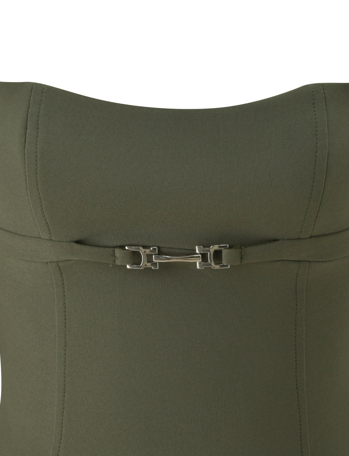 Olive KITTIE BUCKLE TOP in a strapless corset style featuring a silver-tone metal buckle closure at the waist.