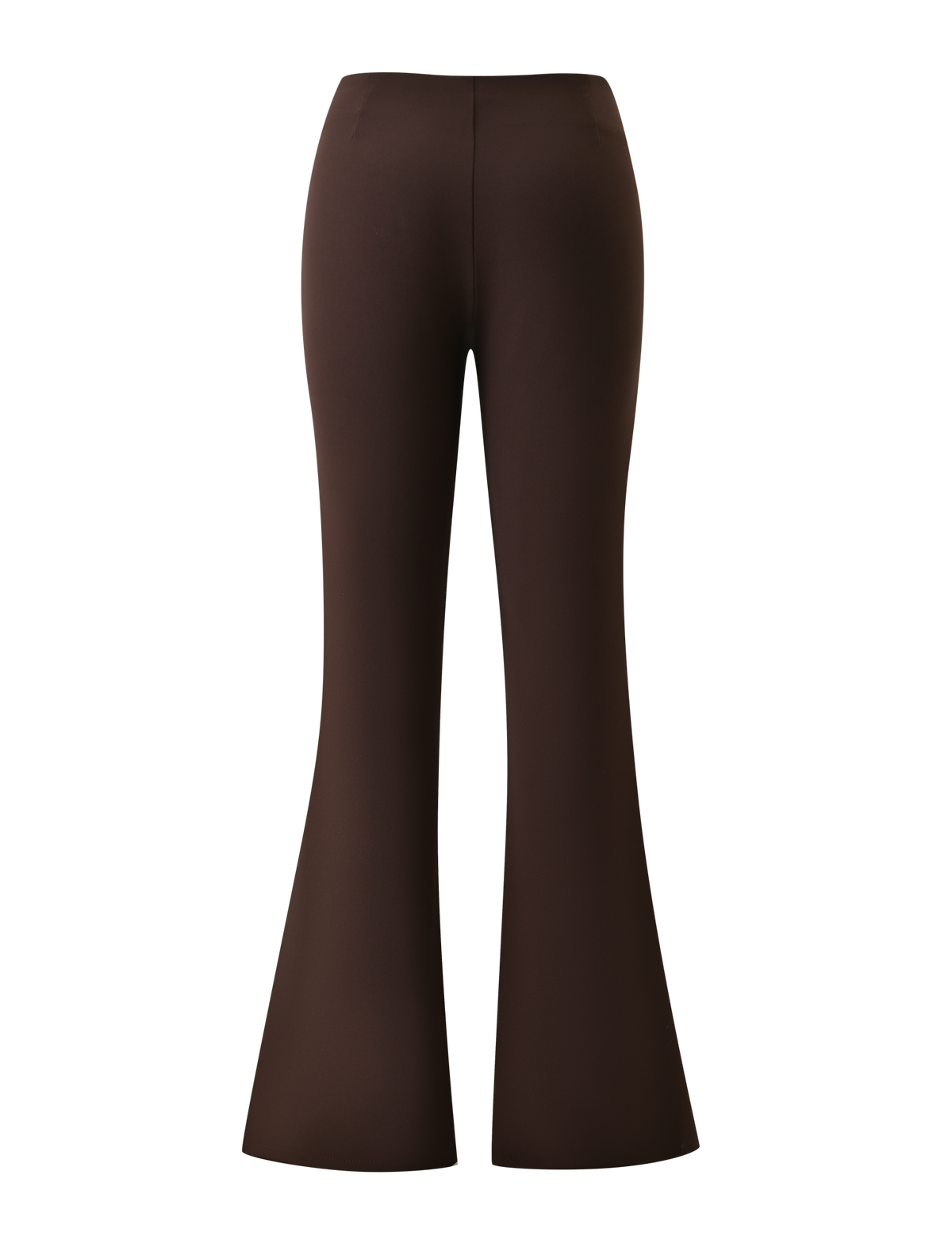 The TIGERMIST KITTIE BUCKLE PANT in chocolate is a pair of high-waisted, stretch suiting flared pants with a seamless finish, shown from the back against a white background.