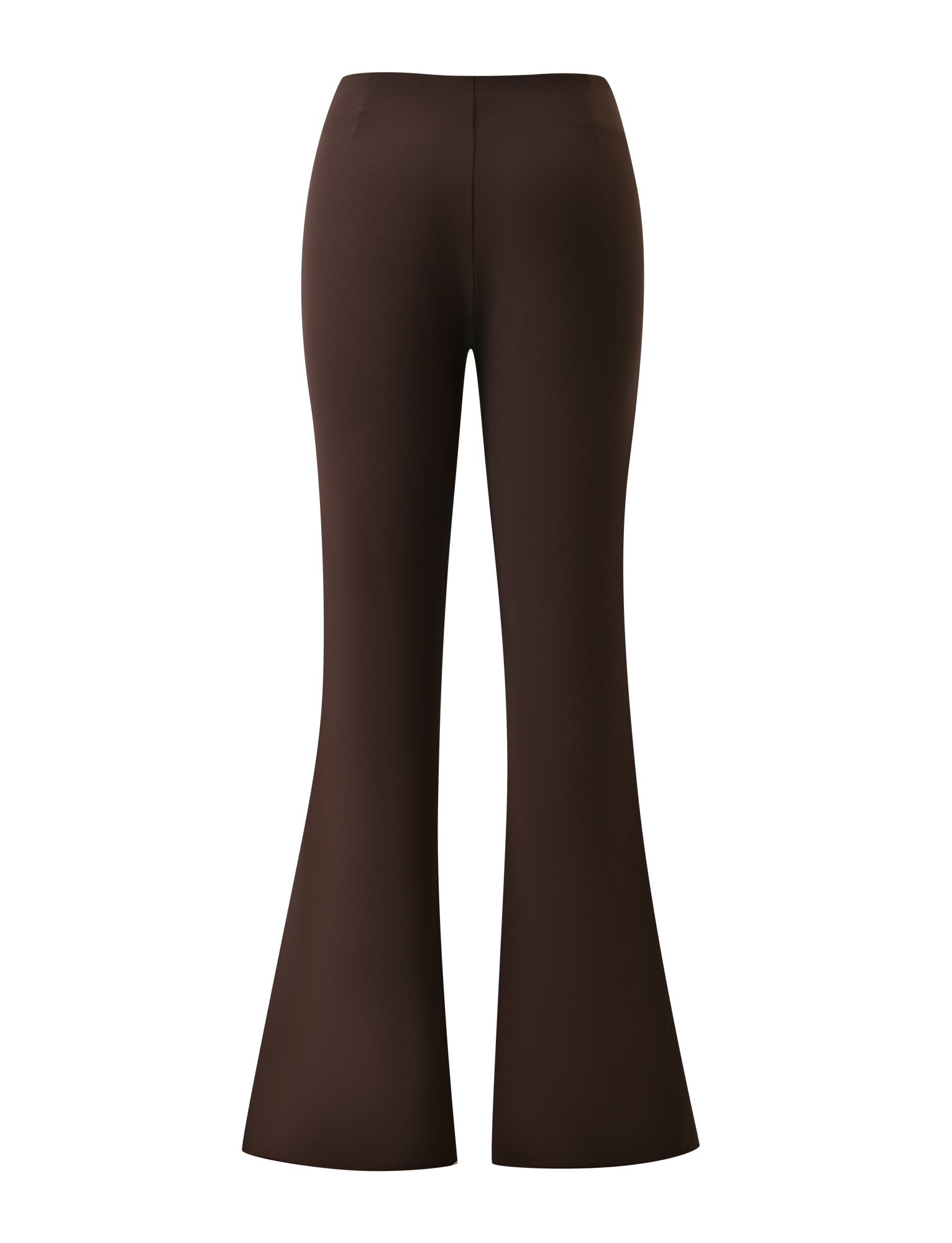 The TIGERMIST KITTIE BUCKLE PANT in chocolate is a pair of high-waisted, stretch suiting flared pants with a seamless finish, shown from the back against a white background.