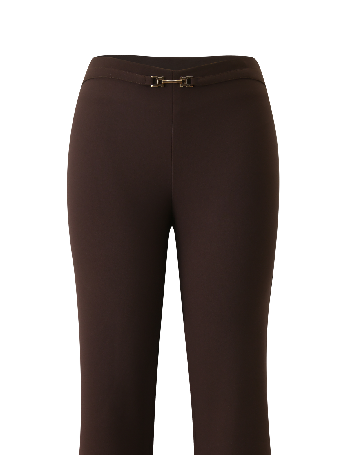 The KITTIE BUCKLE PANT - CHOCOLATE by TIGERMIST features a high-waisted, slim fit with flared legs, gold double clasp detail at the front, and stretch suiting fabric, shown on a white background.
