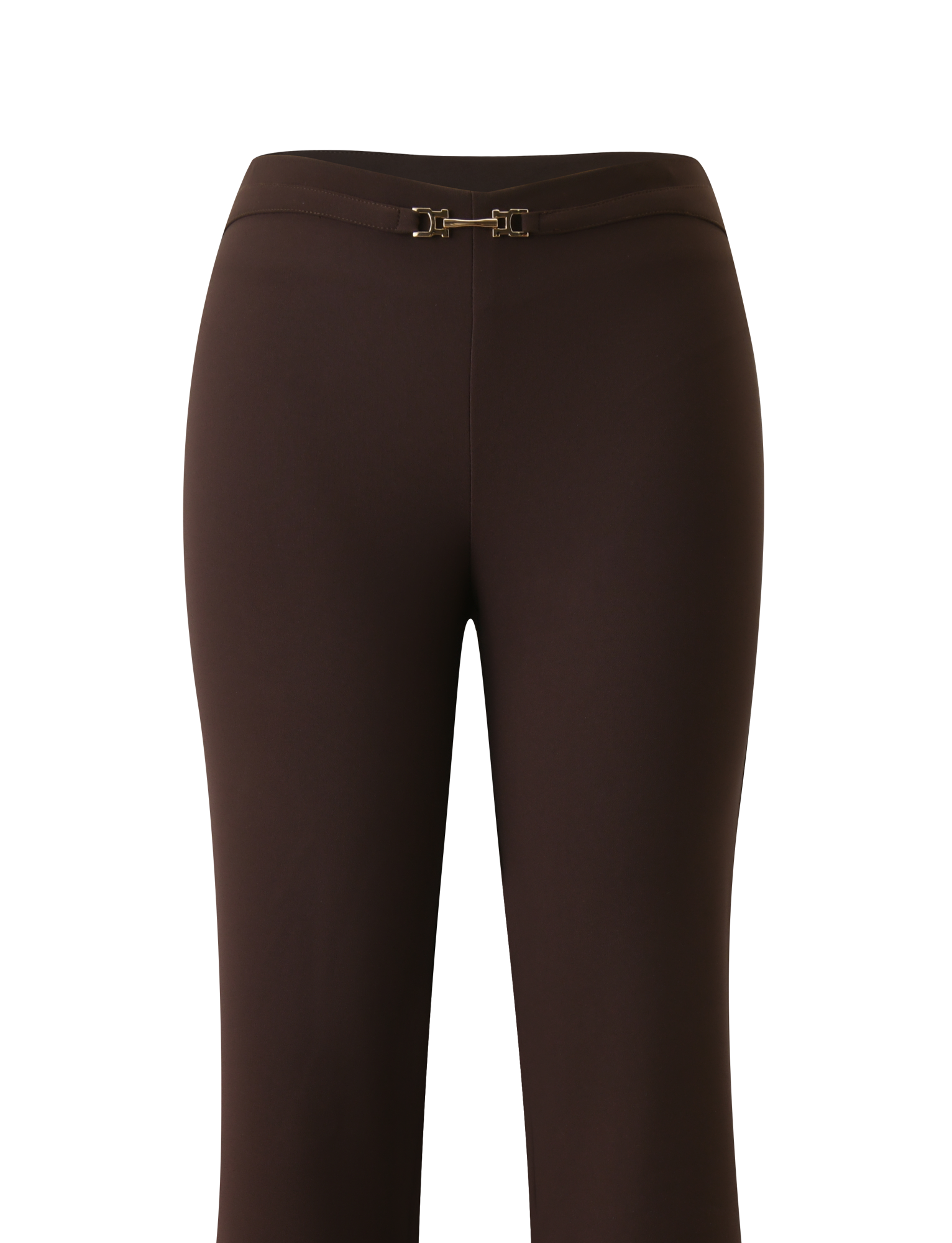 The KITTIE BUCKLE PANT - CHOCOLATE by TIGERMIST features a high-waisted, slim fit with flared legs, gold double clasp detail at the front, and stretch suiting fabric, shown on a white background.