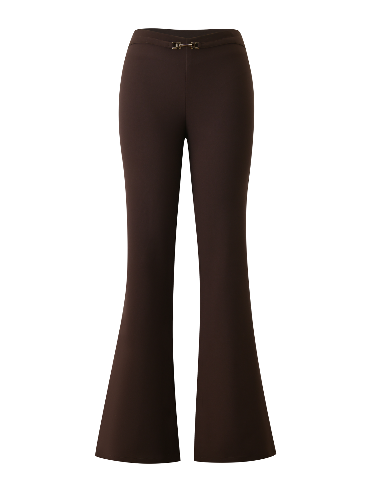 The TIGERMIST KITTIE BUCKLE PANT - CHOCOLATE features dark chocolate stretch suiting fabric, a high waist, flared legs, and a subtle gold clasp at the waistband, shown against a white background.