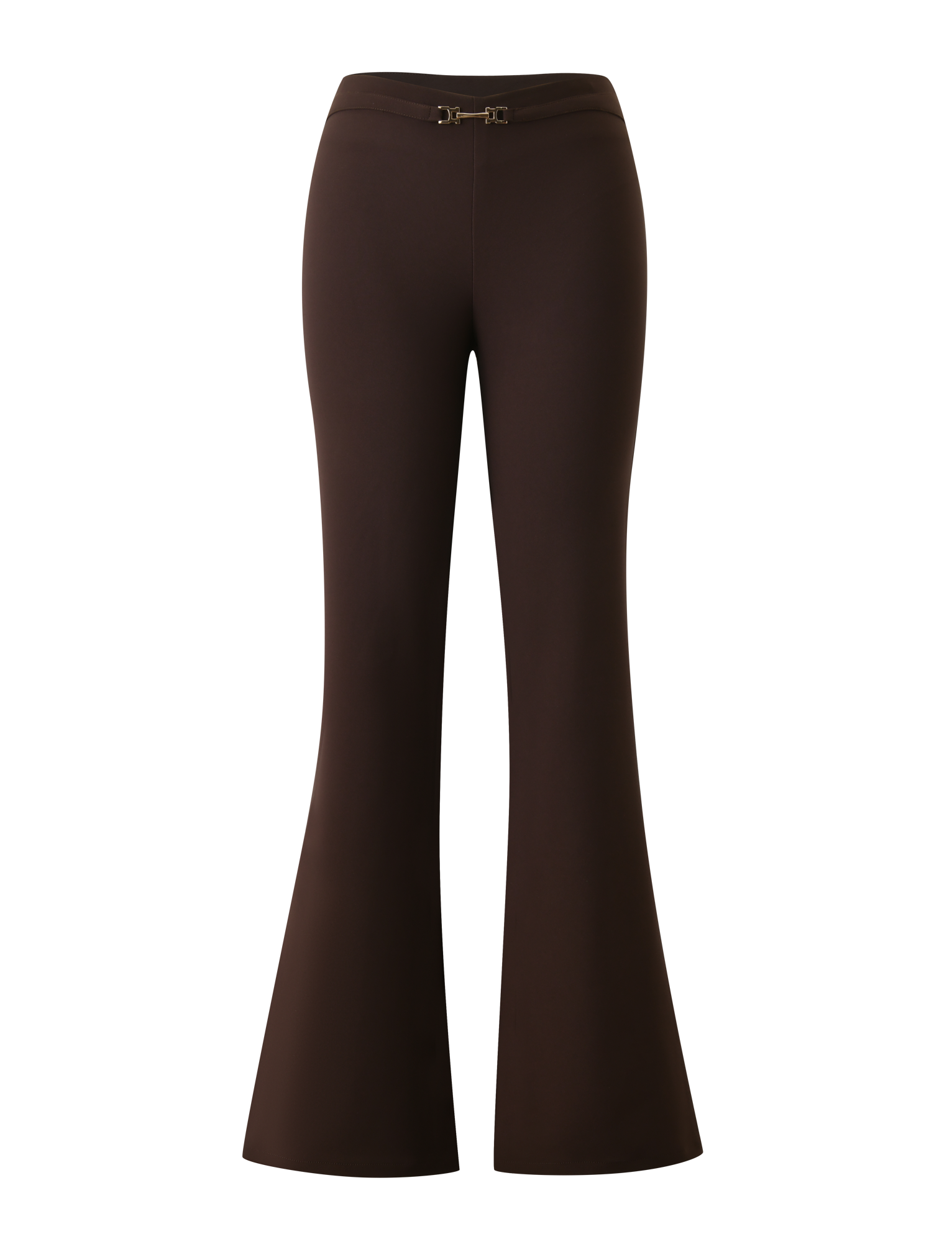 The TIGERMIST KITTIE BUCKLE PANT - CHOCOLATE features dark chocolate stretch suiting fabric, a high waist, flared legs, and a subtle gold clasp at the waistband, shown against a white background.