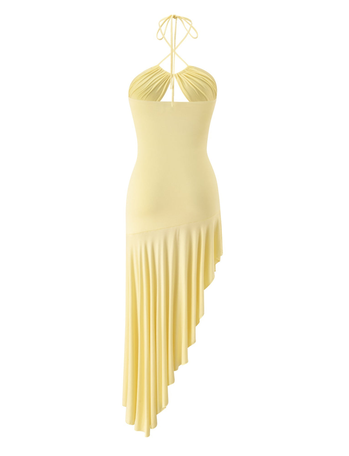 Introducing the TIGERMIST LILIE MIDI DRESS in butter yellow—a sleeveless halter neck dress showcasing a ruched bodice, an asymmetric flowing skirt, and an open back with delicate crisscross straps.