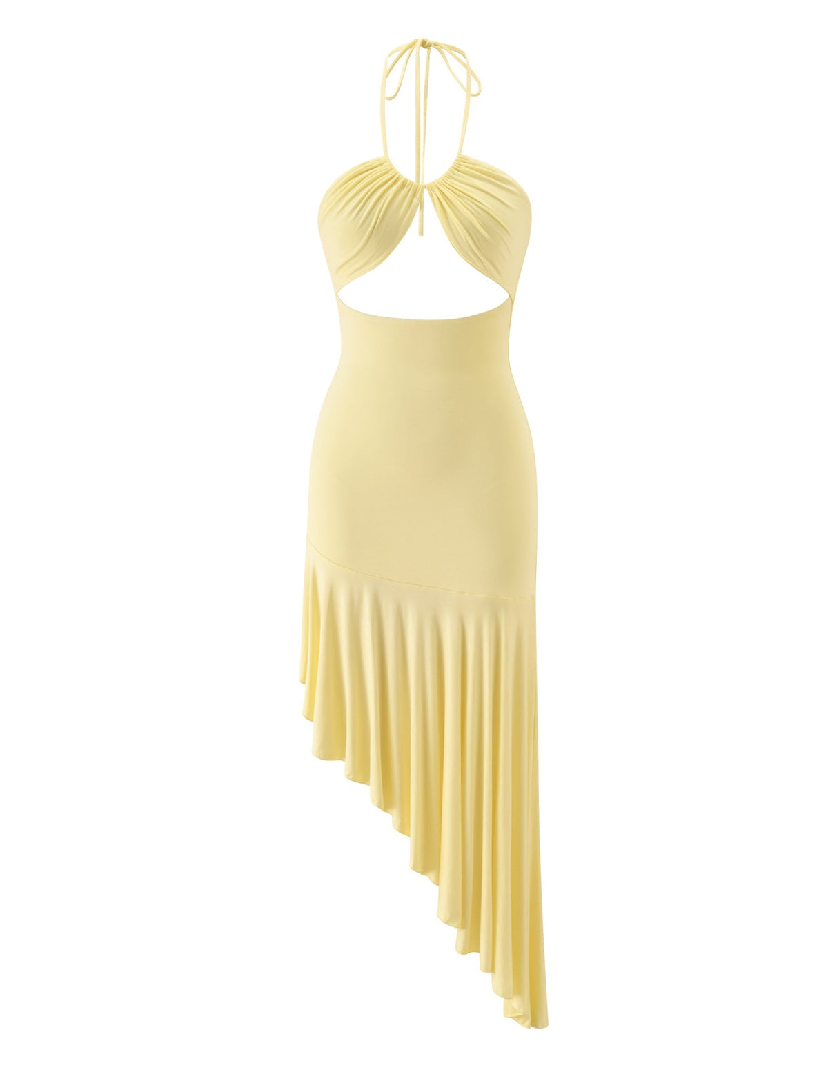 Introducing the LILIE MIDI DRESS - BUTTER YELLOW by TIGERMIST. This chic midi dress features a butter yellow hue with a halter neckline, ruched bust detailing, and an open midriff complemented by a fitted waist. The asymmetric skirt hem drapes elegantly to one side, creating a modern and sophisticated silhouette.