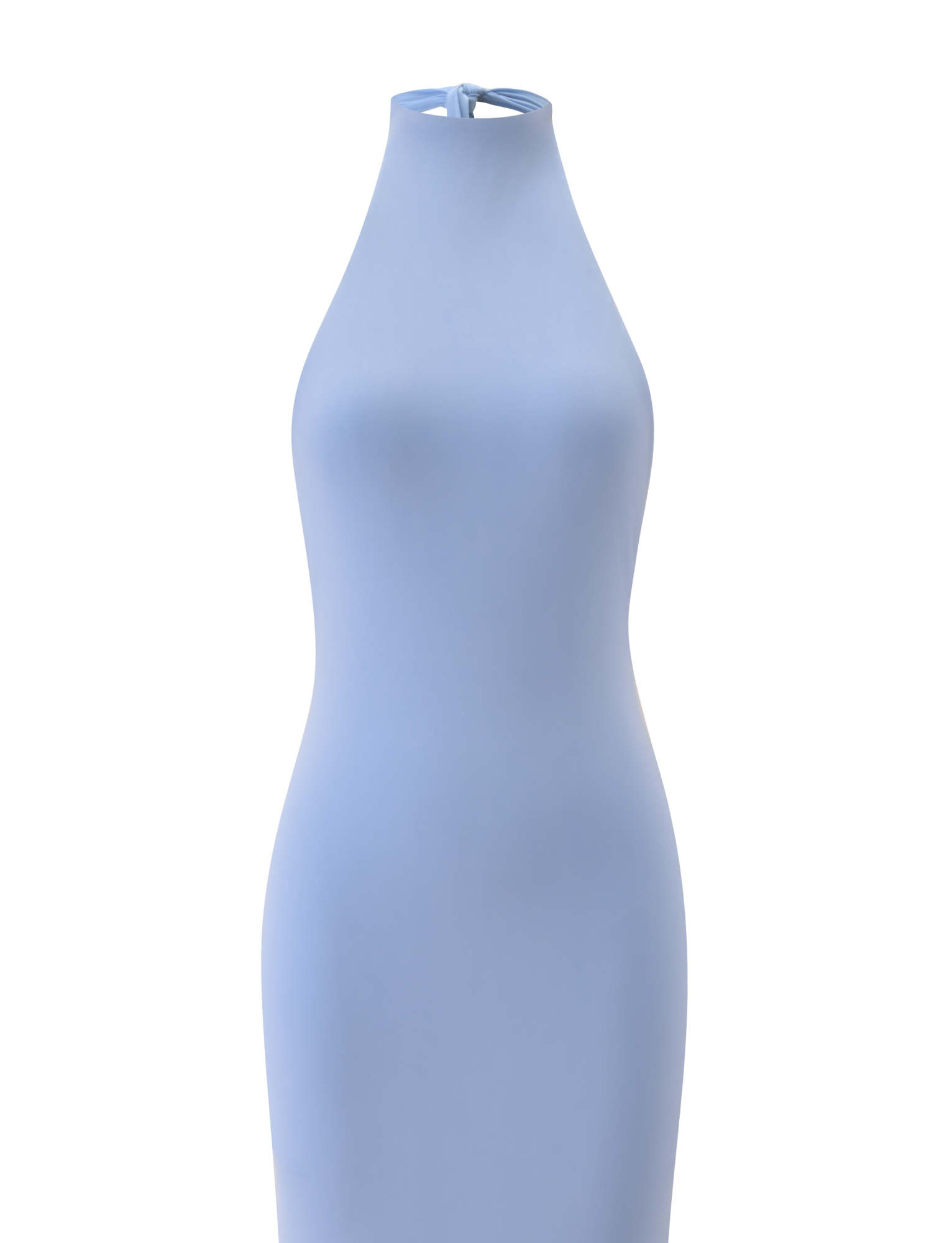 The TIGERMIST MADDY MAXI DRESS in baby blue is a sleeveless, form-fitting maxi dress with a halter neck and high neckline. Displayed on a white background, it features a subtle back closure and minimalist design for effortless elegance.