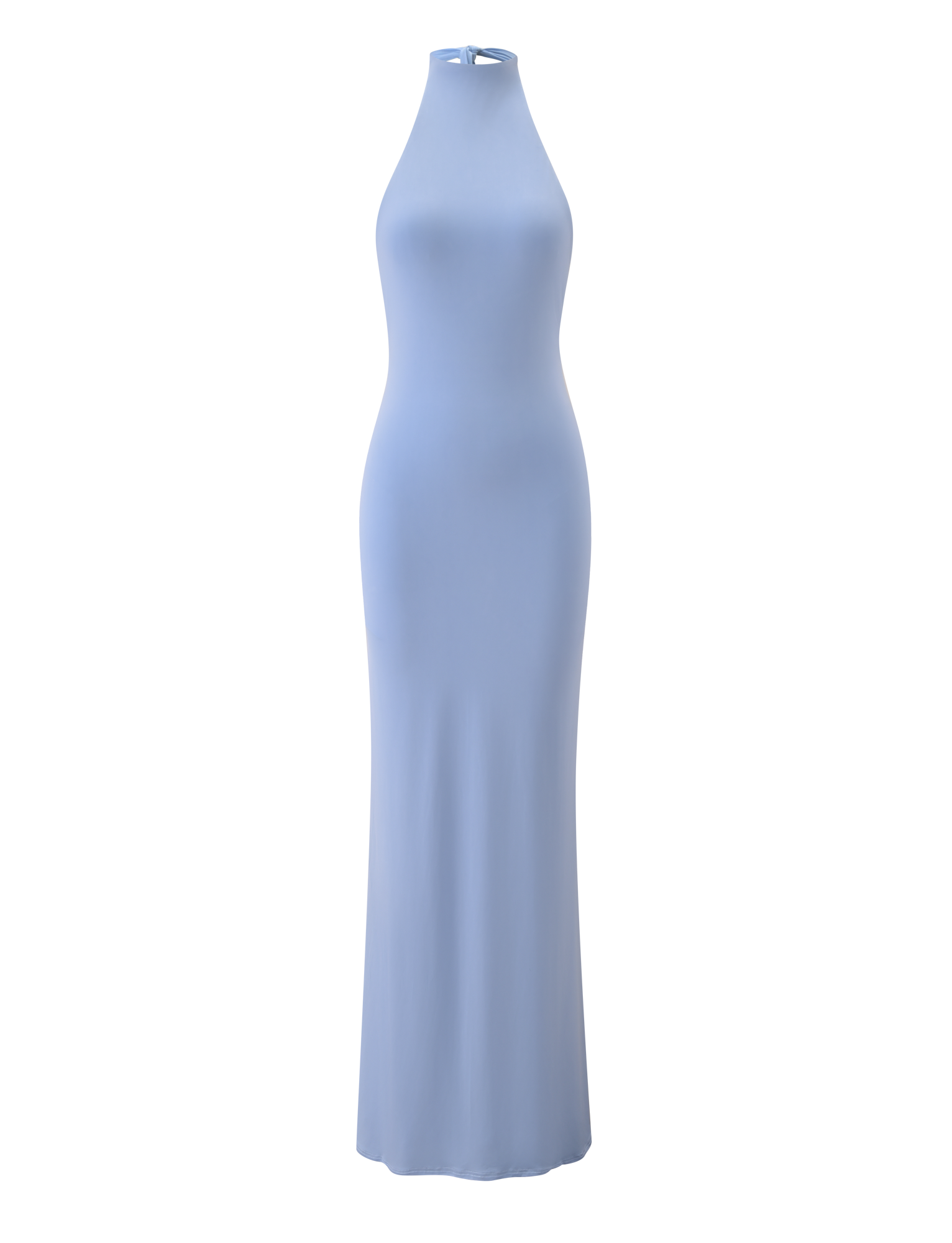 The TIGERMIST MADDY MAXI DRESS in baby blue is a sleeveless, floor-length dress with a high halter neckline and fitted silhouette, shown on a plain white background with no visible embellishments.