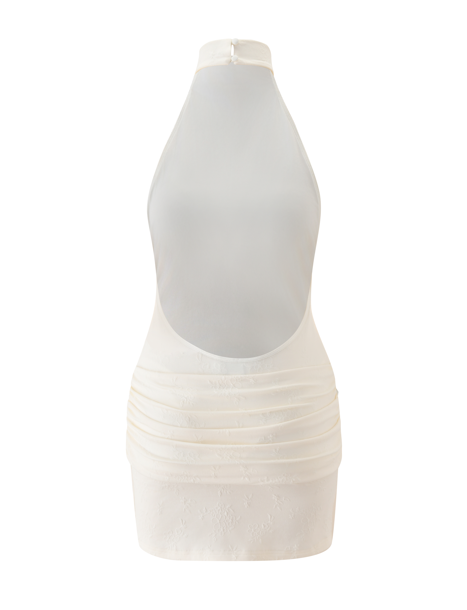 The CAITLIN MINI DRESS - CREAM by TIGERMIST is a sleeveless, high-neck halter dress with an open back, ruched waist, and built-in bodysuit for comfort, shown on a plain white background.