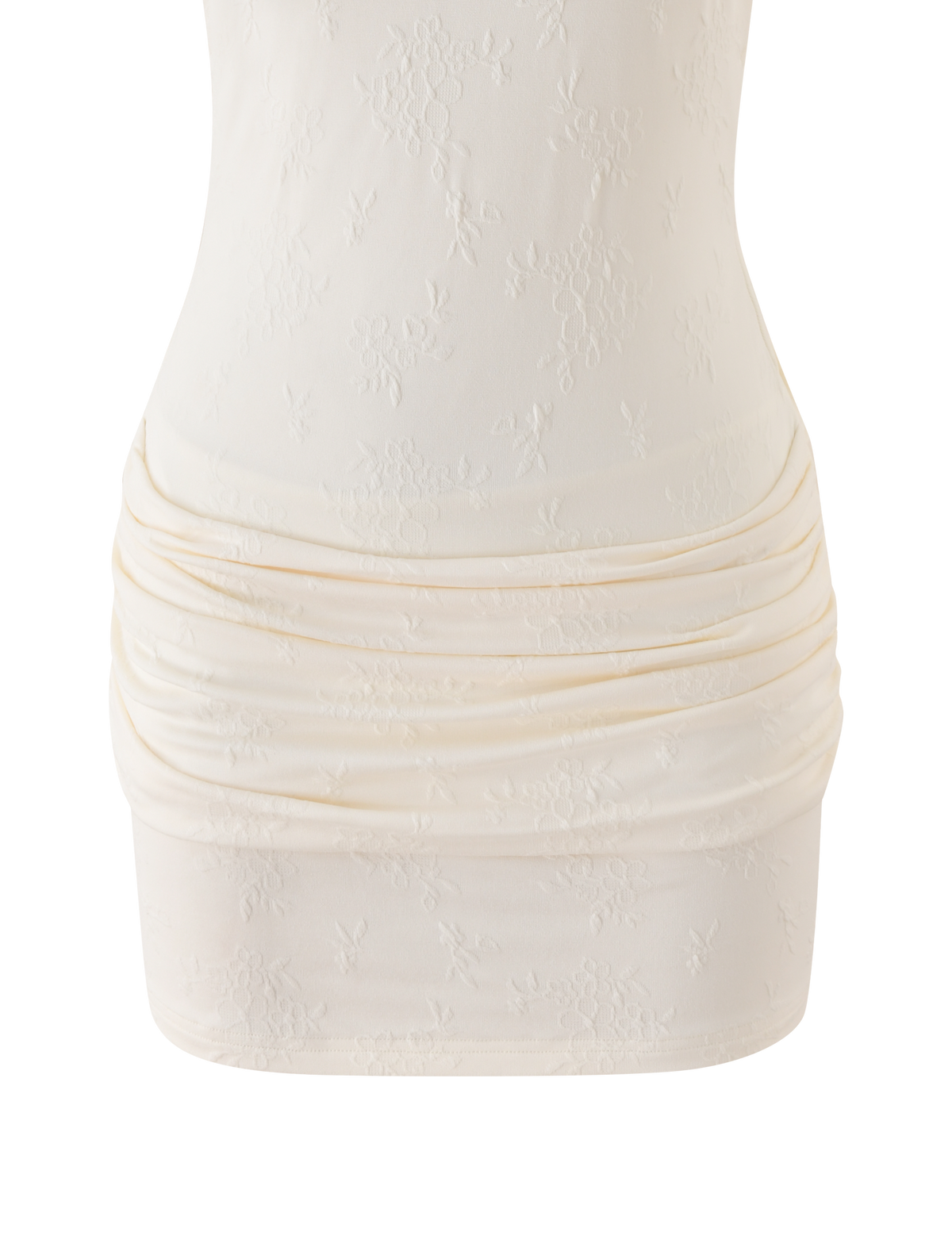 The TIGERMIST CAITLIN MINI DRESS in cream is a fitted mini dress with subtle floral embroidery and ruched hip detailing, inspired by jacquard designs, displayed on a mannequin torso.