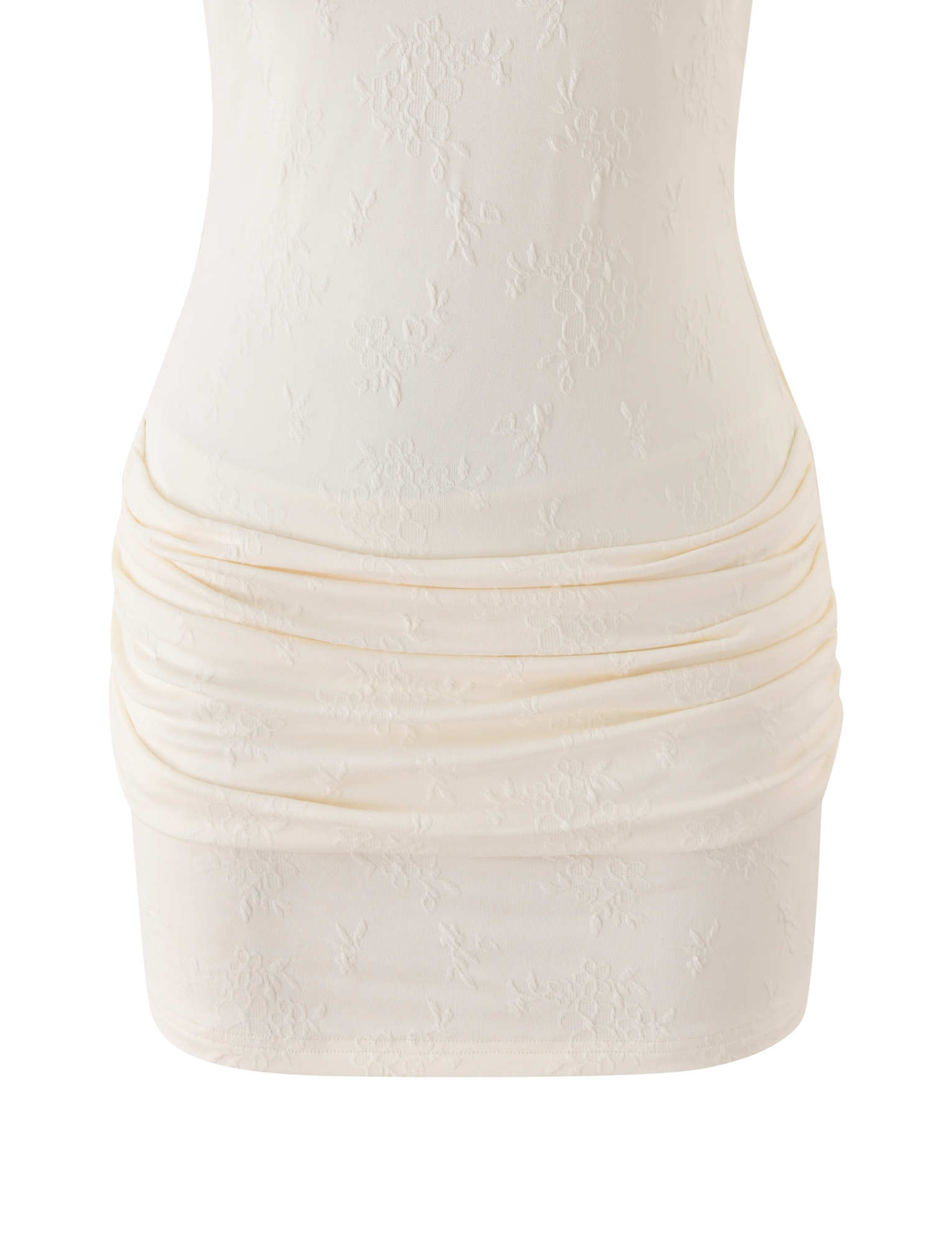 The TIGERMIST CAITLIN MINI DRESS in cream is a fitted mini dress with subtle floral embroidery and ruched hip detailing, inspired by jacquard designs, displayed on a mannequin torso.