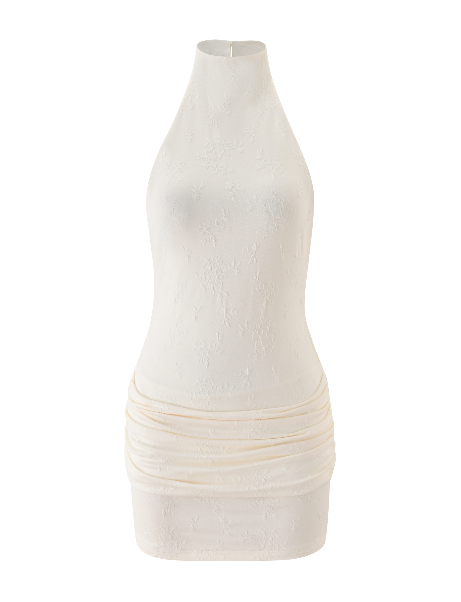 The TIGERMIST CAITLIN MINI DRESS in cream is a sleeveless, form-fitting jacquard mini dress with subtle floral patterns and ruched hip detailing, shown against a plain white background.