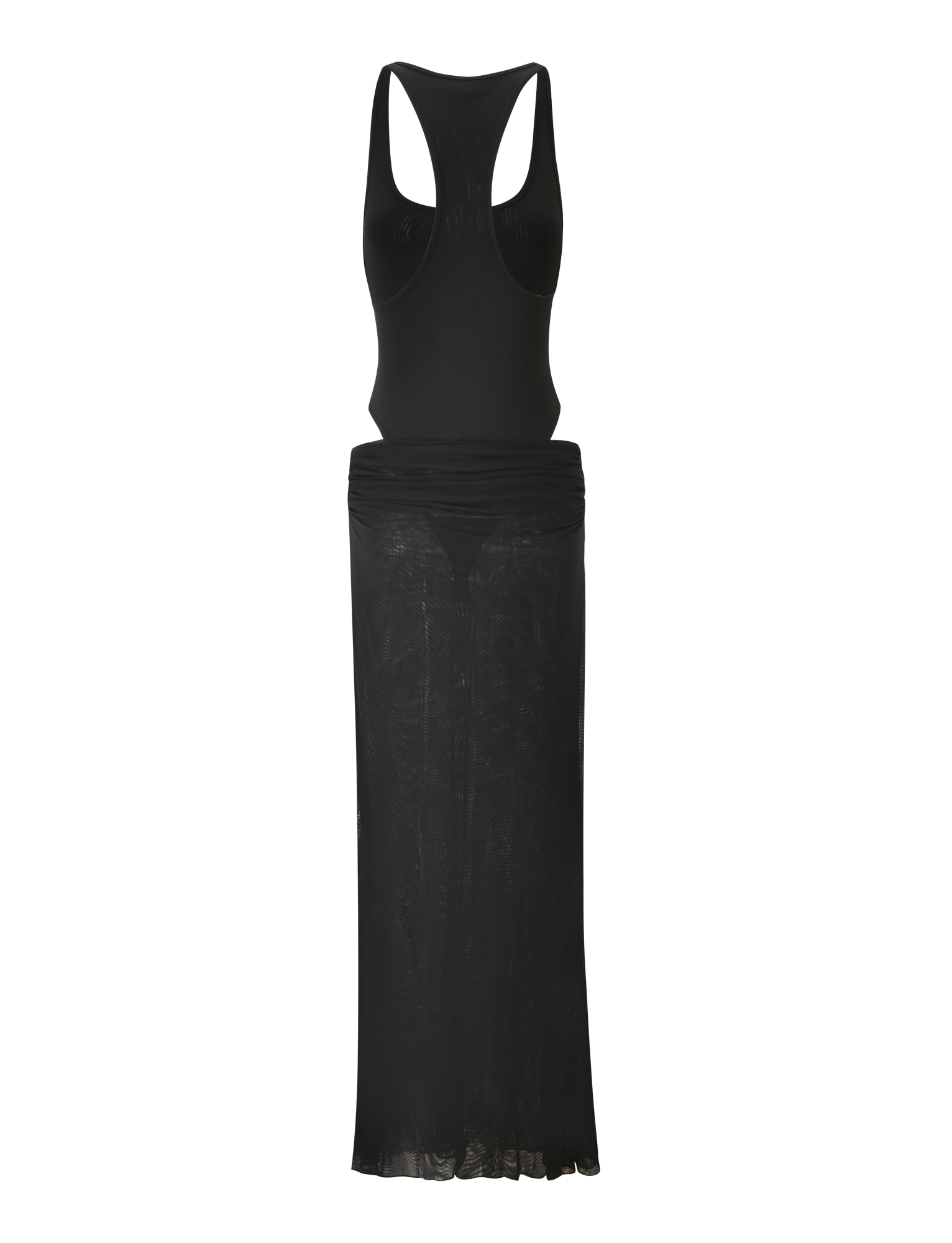 The TIGERMIST LILIANA-SUMMER MAXI DRESS - BLACK is a sleeveless dress with a racerback top and a sheer mesh maxi skirt overlay, shown against a plain white background.