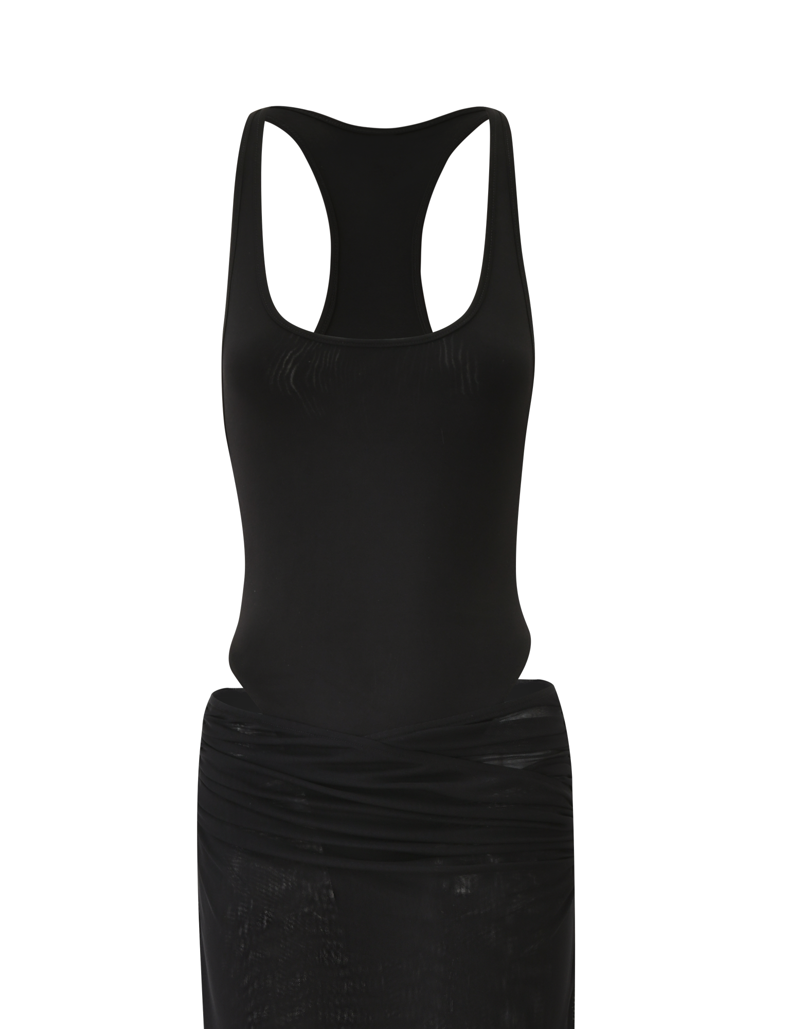 The TIGERMIST LILIANA-SUMMER MAXI DRESS in black features a sleeveless racerback design, fitted bodice, and straight skirt, shown against a plain white background.