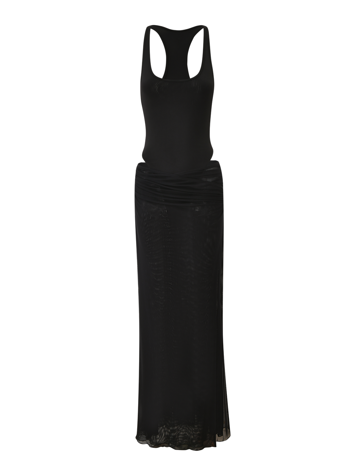 The TIGERMIST LILIANA-SUMMER MAXI DRESS - BLACK is a sleeveless, fitted tank dress with a racerback and long, straight mesh skirt. The lower skirt is sheer for a slightly see-through look.