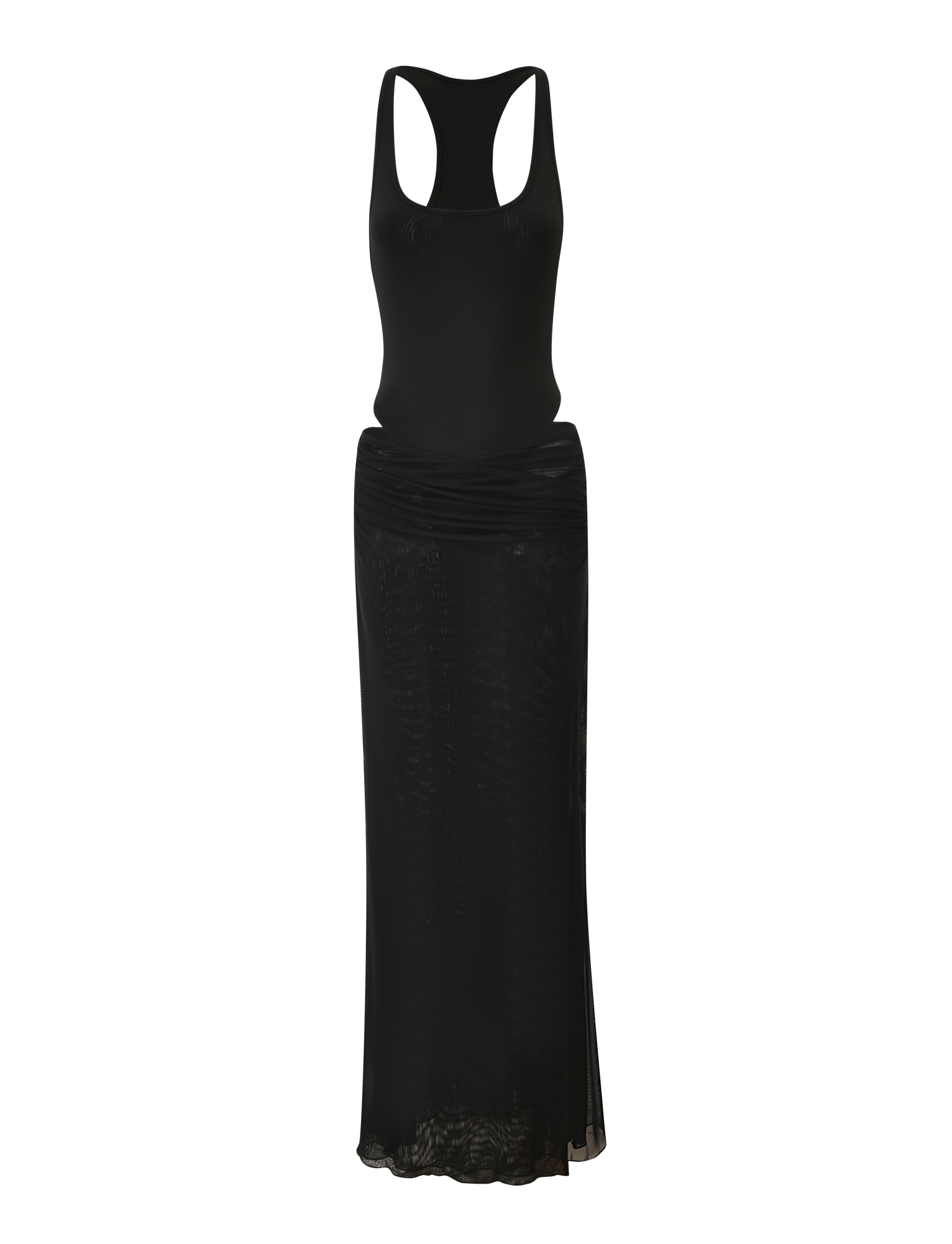 The TIGERMIST LILIANA-SUMMER MAXI DRESS - BLACK is a sleeveless, fitted tank dress with a racerback and long, straight mesh skirt. The lower skirt is sheer for a slightly see-through look.