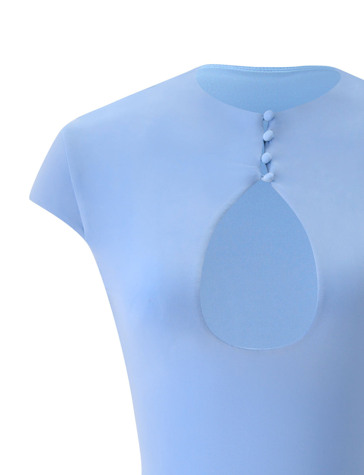 Elevate your summer party style with the MILLS MINI DRESS in Baby Blue by TIGERMIST. This chic mini dress features short sleeves, a teardrop-shaped cutout below the collar accented by four matching fabric buttons, and a smooth, fitted silhouette—perfect for adding a fresh pop of color to your wardrobe.