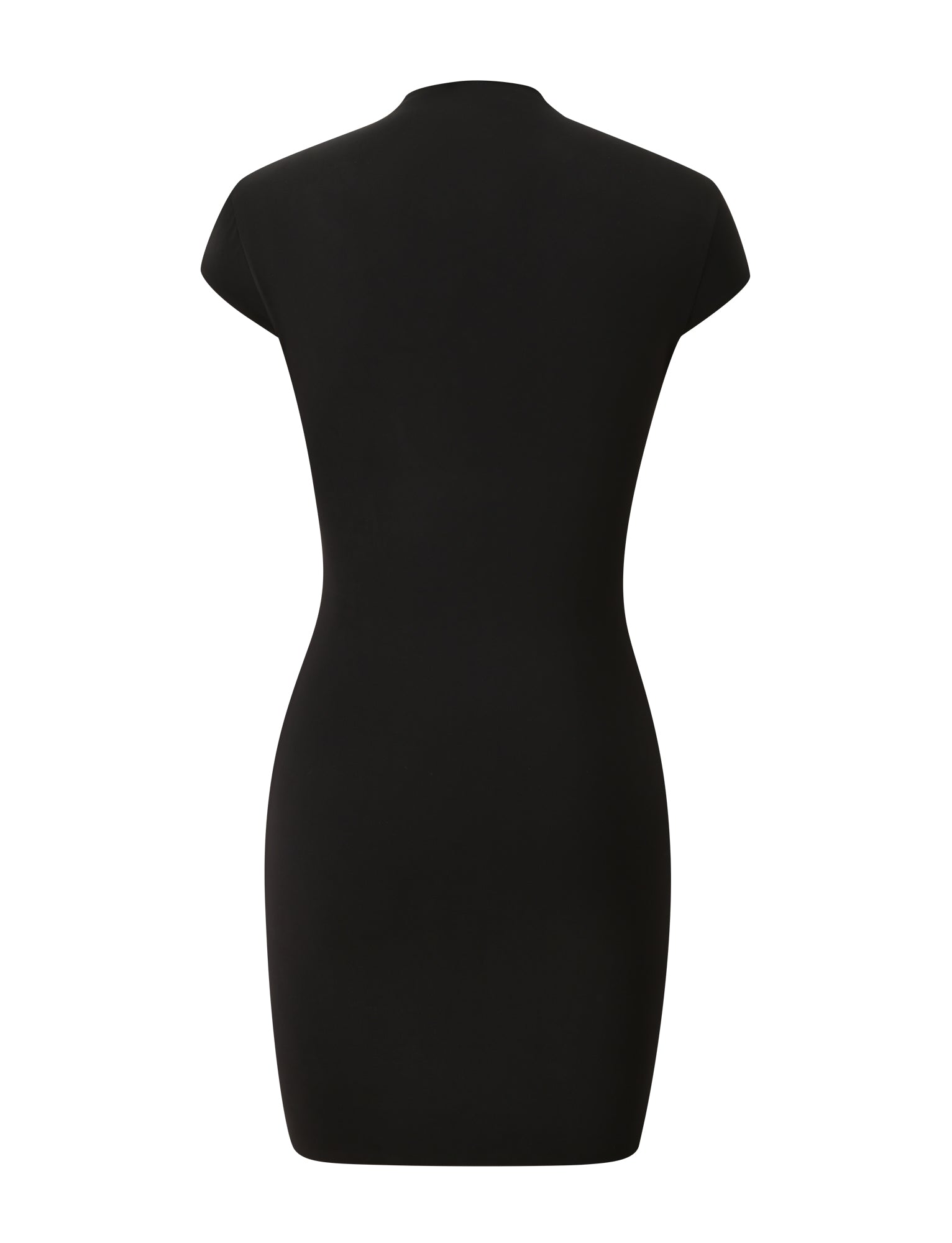 The MILLS MINI DRESS 2.0 - BLACK by TIGERMIST is displayed from the back against a white background, highlighting the classic appeal of this short-sleeved, fitted mini dress.
