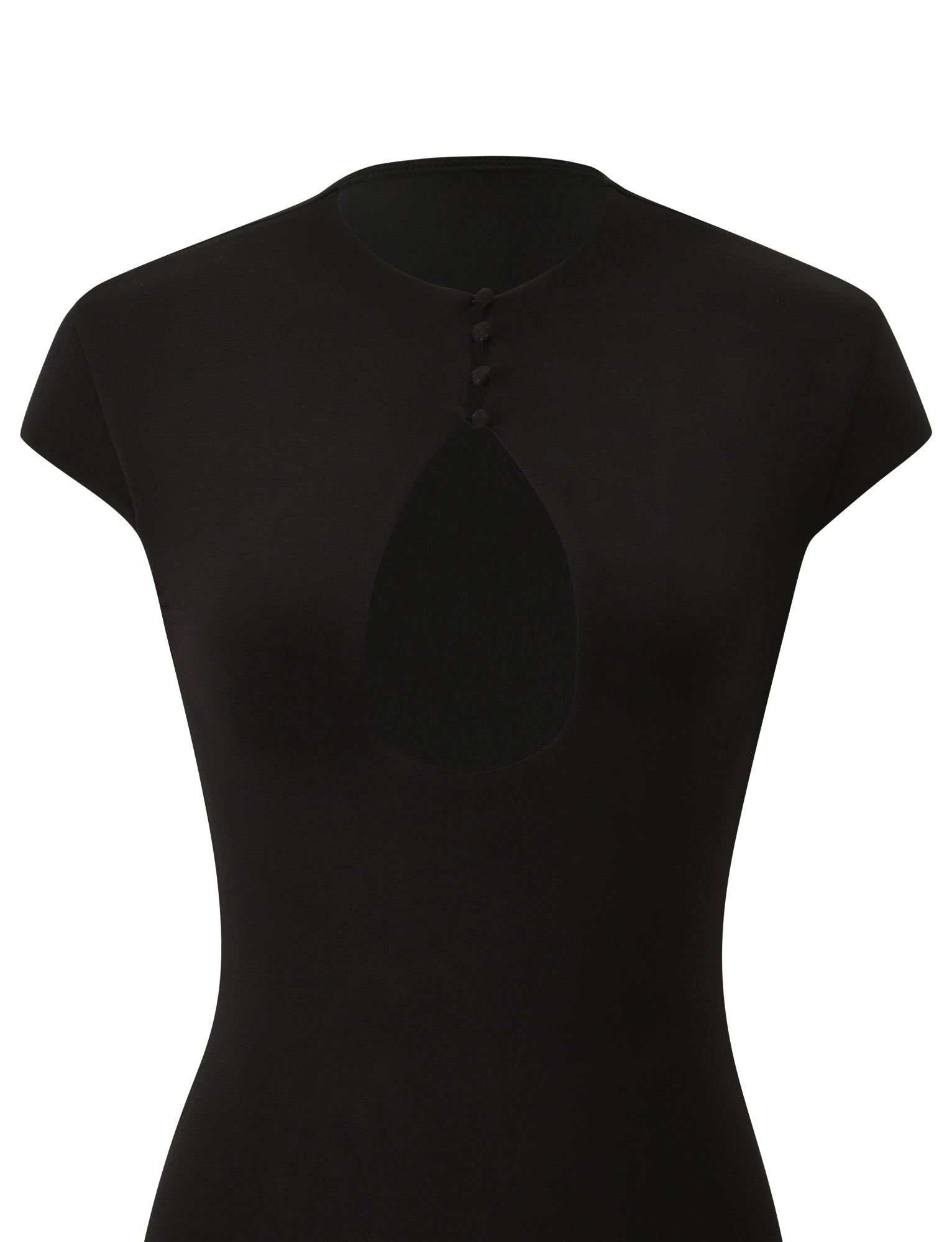 The MILLS MINI DRESS 2.0 - BLACK by TIGERMIST features short sleeves, a high neckline, a chest keyhole cutout, and four buttons at the top. Displayed on a white background, this bodycon dress showcases its sleek and elegant design.