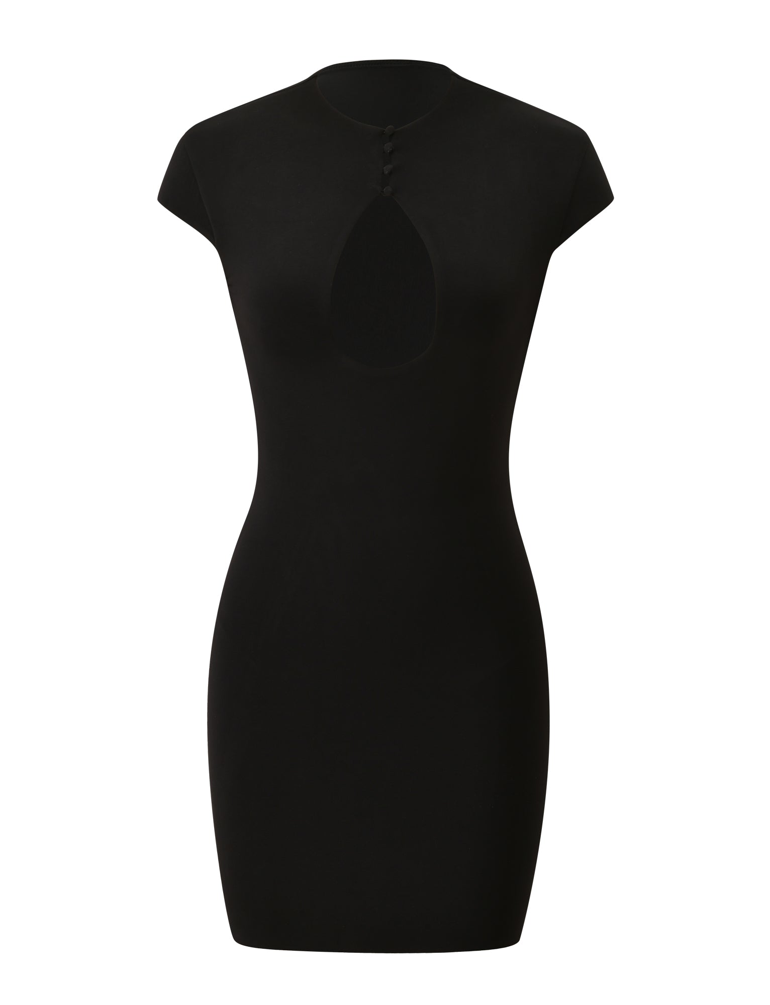 The TIGERMIST MILLS MINI DRESS 2.0 - BLACK is a fitted, short black mini dress featuring cap sleeves, a high neckline, and a teardrop-shaped cutout at the chest. Three small buttons above the cutout highlight the chic bodycon silhouette. The dress is displayed against a plain white background.