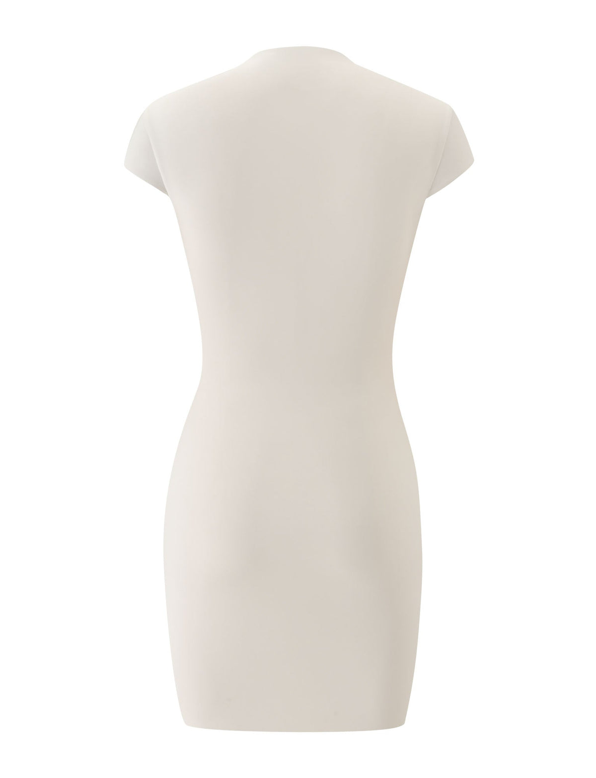 Back view of the TIGERMIST MILLS MINI DRESS in cream—a short-sleeve, form-fitting mini dress featuring a crew neckline and smooth texture—ideal for casual vacations.