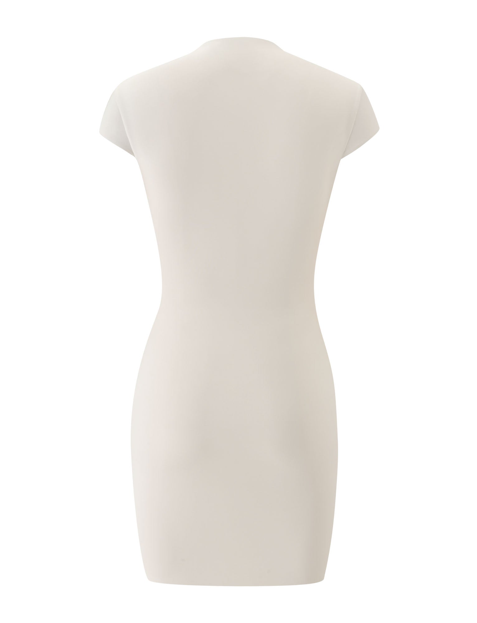 Back view of the TIGERMIST MILLS MINI DRESS in cream—a short-sleeve, form-fitting mini dress featuring a crew neckline and smooth texture—ideal for casual vacations.